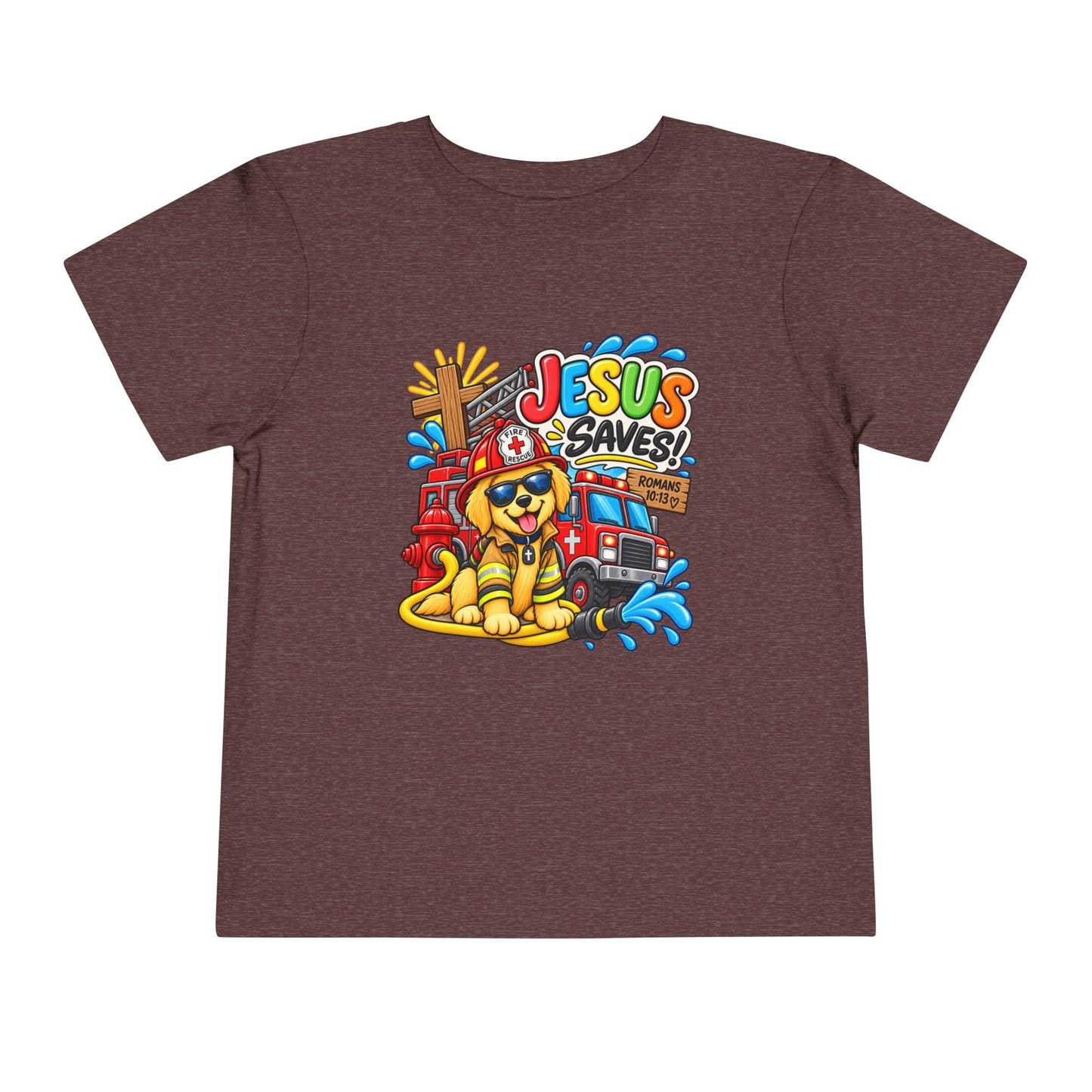 Jesus Saves Firefighter Puppy Toddler T-Shirt | Christian Bible Verse Tee for Boys & Girls | Romans 10:13 Faith Shirt