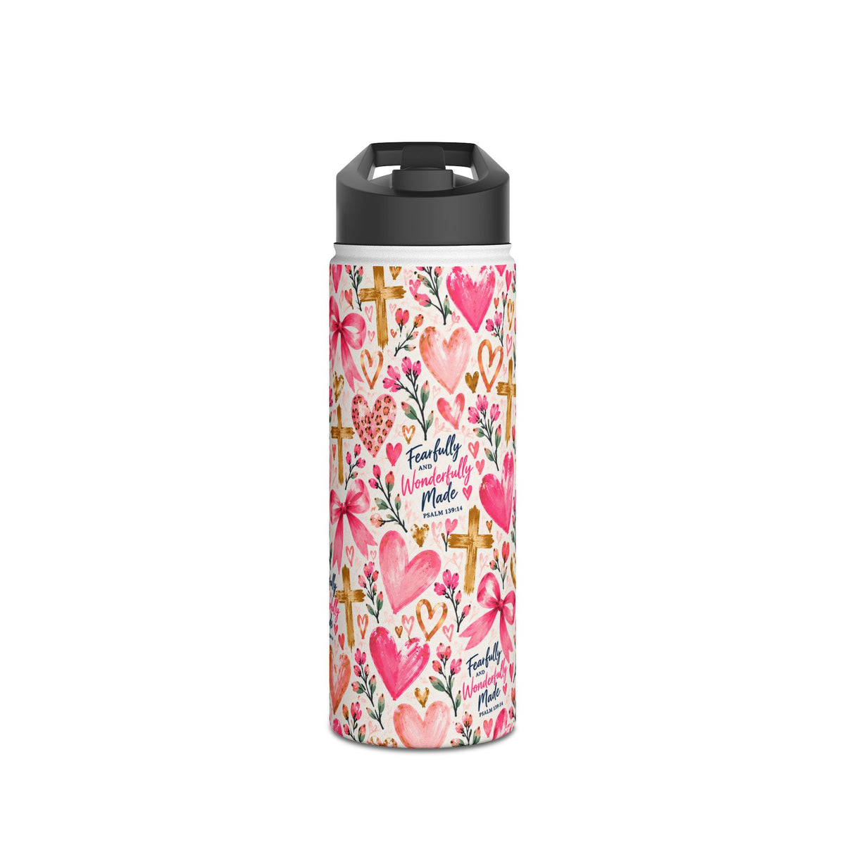 Fearfully and Wonderfully Made Christian insulated water bottle for girls featuring Psalm 139:14, pink hearts, bows, flowers, and gold crosses.