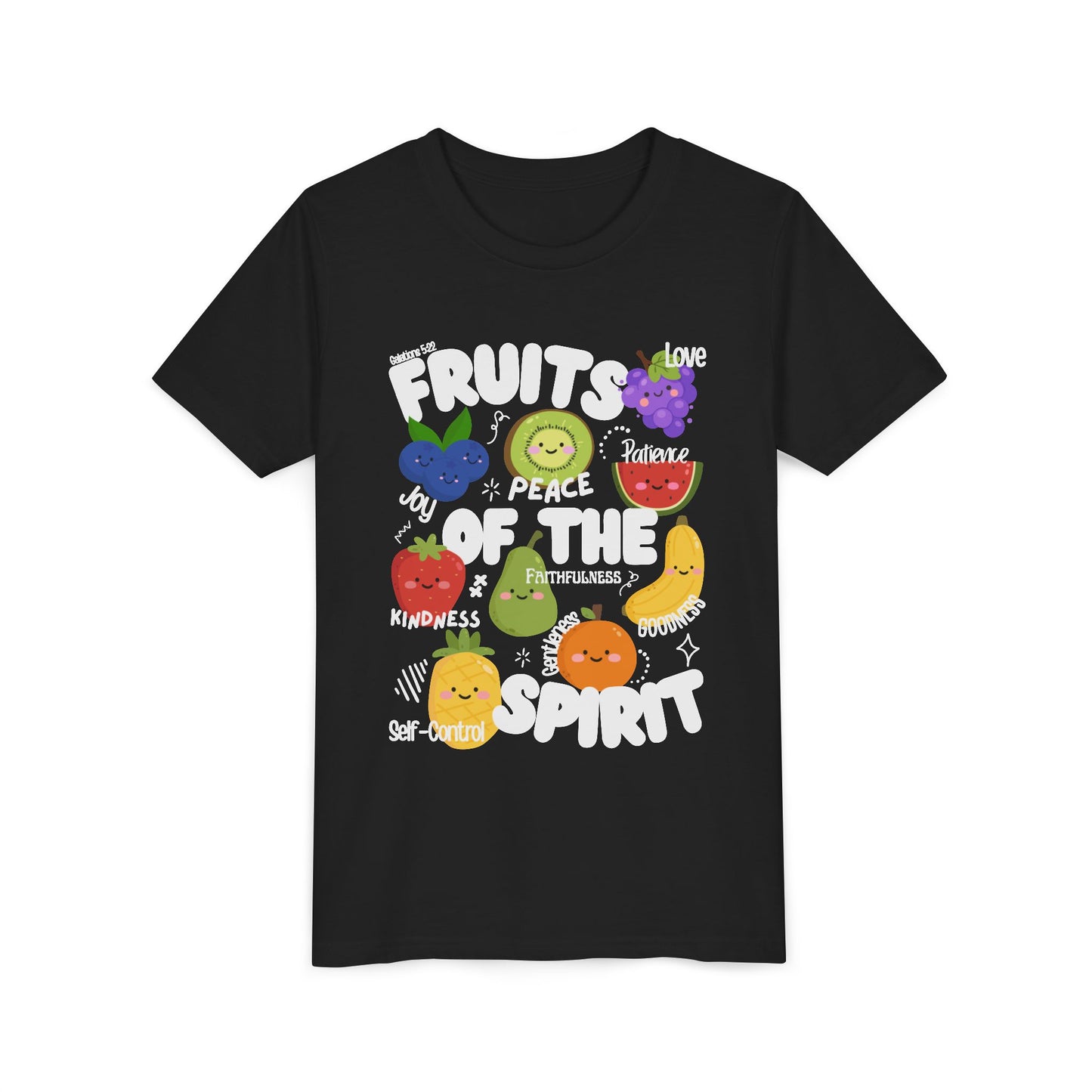 'Fruits of the Spirit' Kids Christian T-Shirt, Youth Bible Verse T-Shirt (Peace, Joy, Kindness)