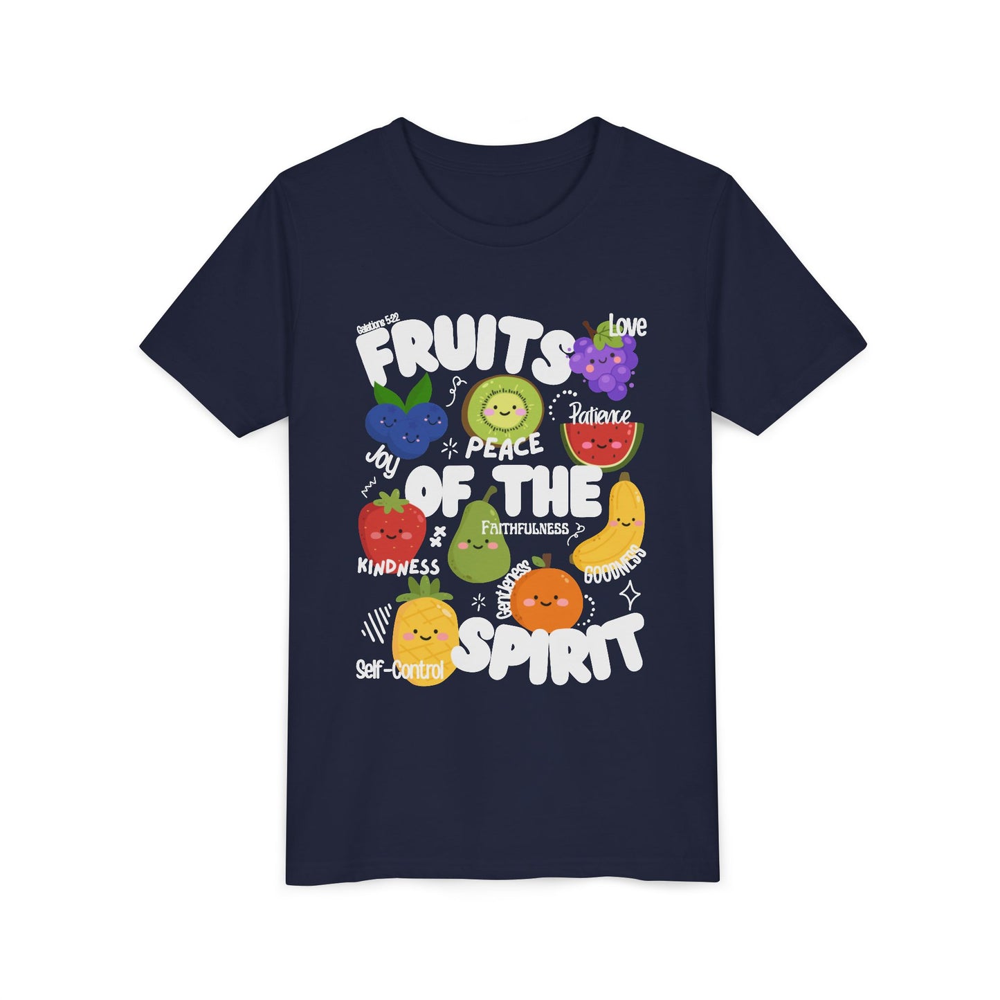'Fruits of the Spirit' Kids Christian T-Shirt, Youth Bible Verse T-Shirt (Peace, Joy, Kindness)