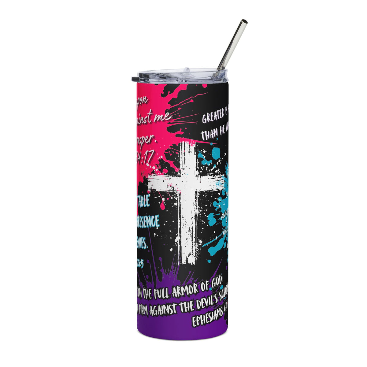 20 oz Christian Bible Verse Tumbler with Straw - God's Protection Scriptures & Cross Design