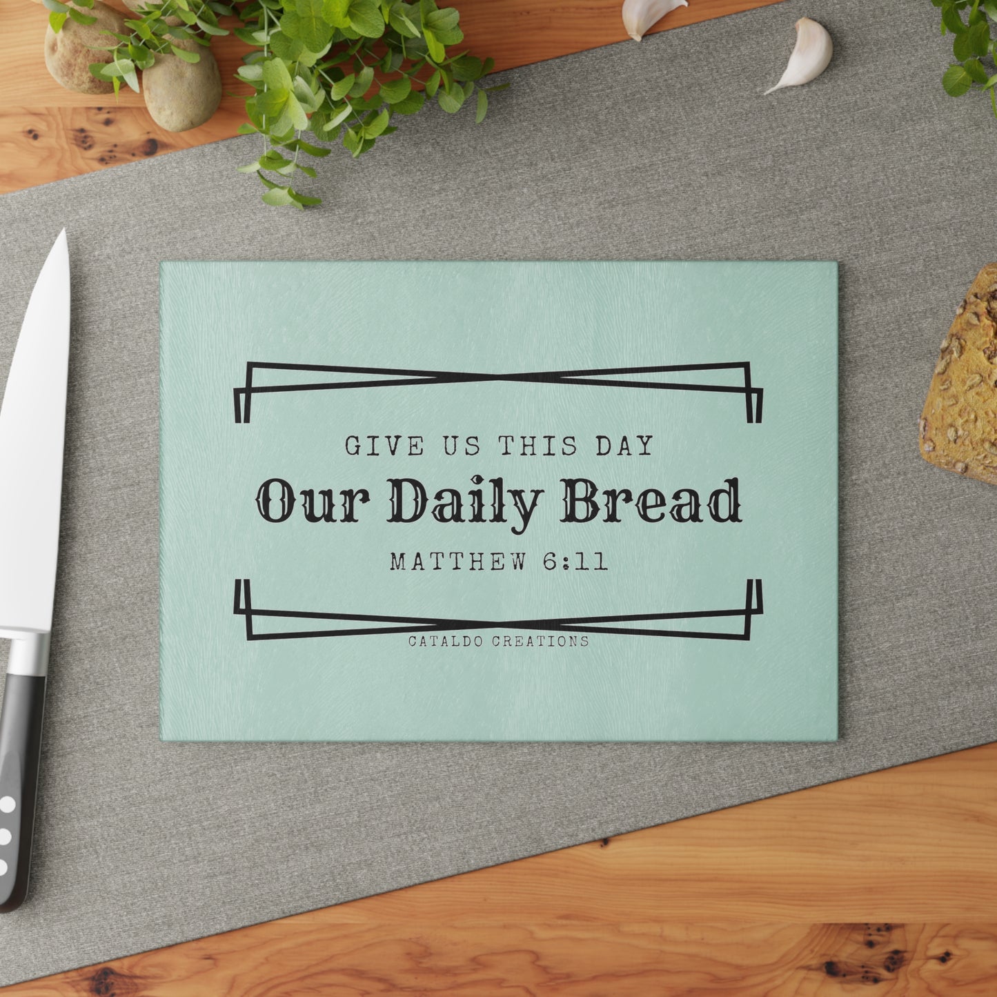 Give Us This Day Our Daily Bread. Matthew 6:11 bible verse glass kitchen cutting board. Perfect for the Christian home and Christian kitchen!