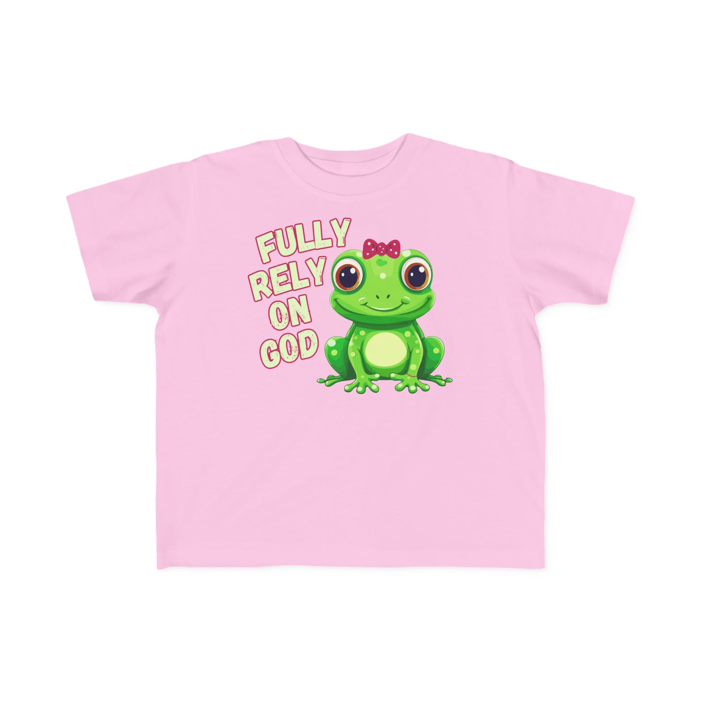 FROG. Fully Rely On God. This cute little girl toddler short sleeve t-shirt has an adorable green frog wearing a pink bow.&nbsp; Alongside are the words Fully Rely On God in light green and pink lettering. Perfect for your toddler girl! Christian toddler tee. Cataldo Creations apparel for toddlers