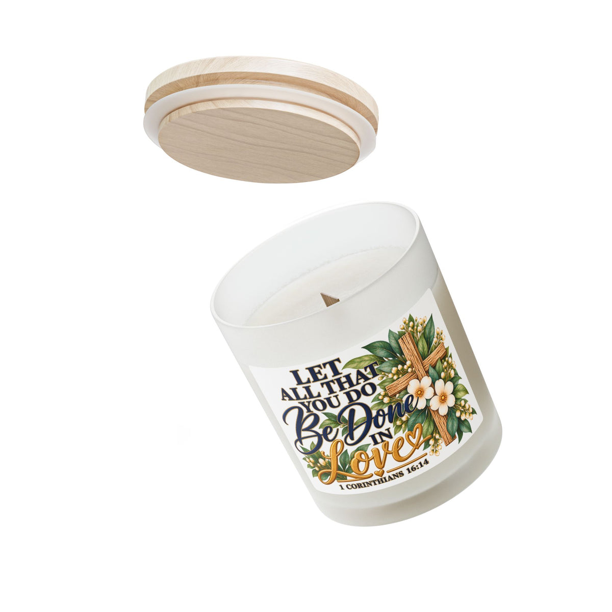 Christian Scented Candle — "Let All That You Do Be Done in Love" 1 Corinthians 16:14, Frosted Glass, 11 oz