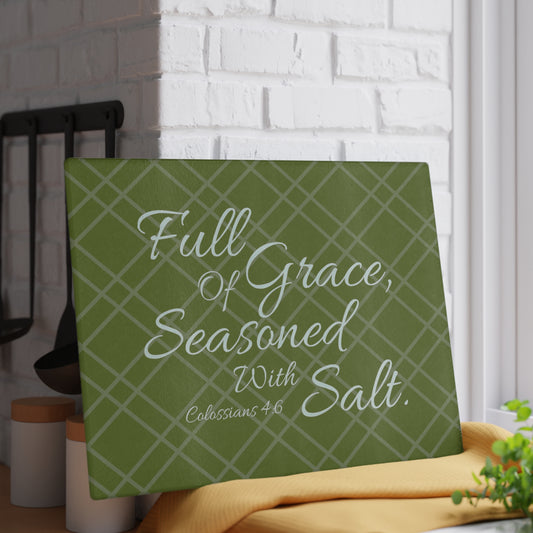 Olive Green Bible Verse Glass Cutting Board. Full Of Grace, Seasoned With Salt. Christian kitchenware. Christian Home decor. 