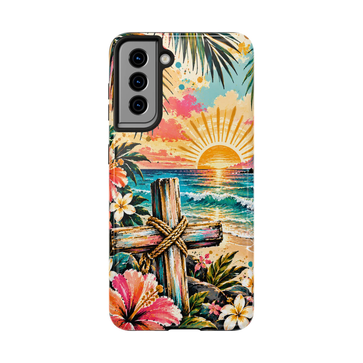 Tropical Cross Christian Phone Case | Beach Sunset & Floral Faith-Inspired Protective Case