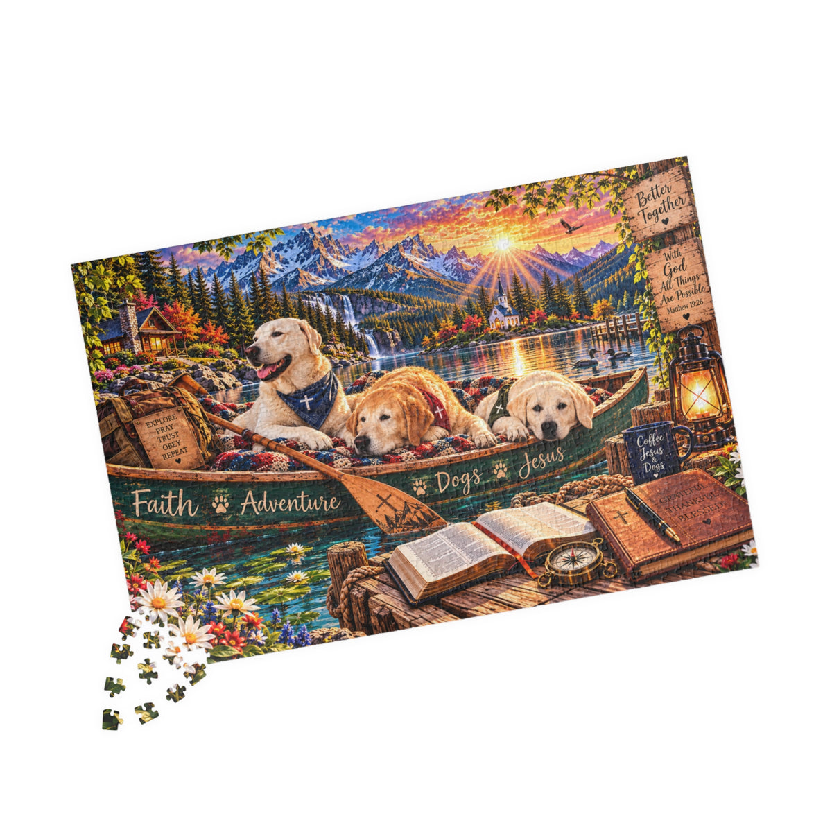 Christian Labrador Retriever jigsaw puzzle featuring three dogs in a canoe on a mountain lake at sunset, with a waterfall, chapel, Bible, and faith-inspired messages.
 Copy alt text
