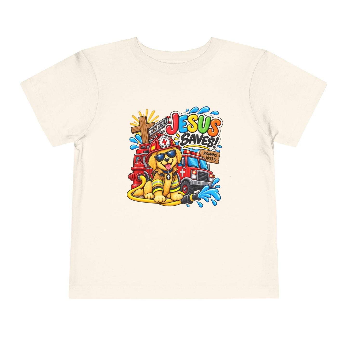 Jesus Saves Firefighter Puppy Toddler T-Shirt | Christian Bible Verse Tee for Boys & Girls | Romans 10:13 Faith Shirt