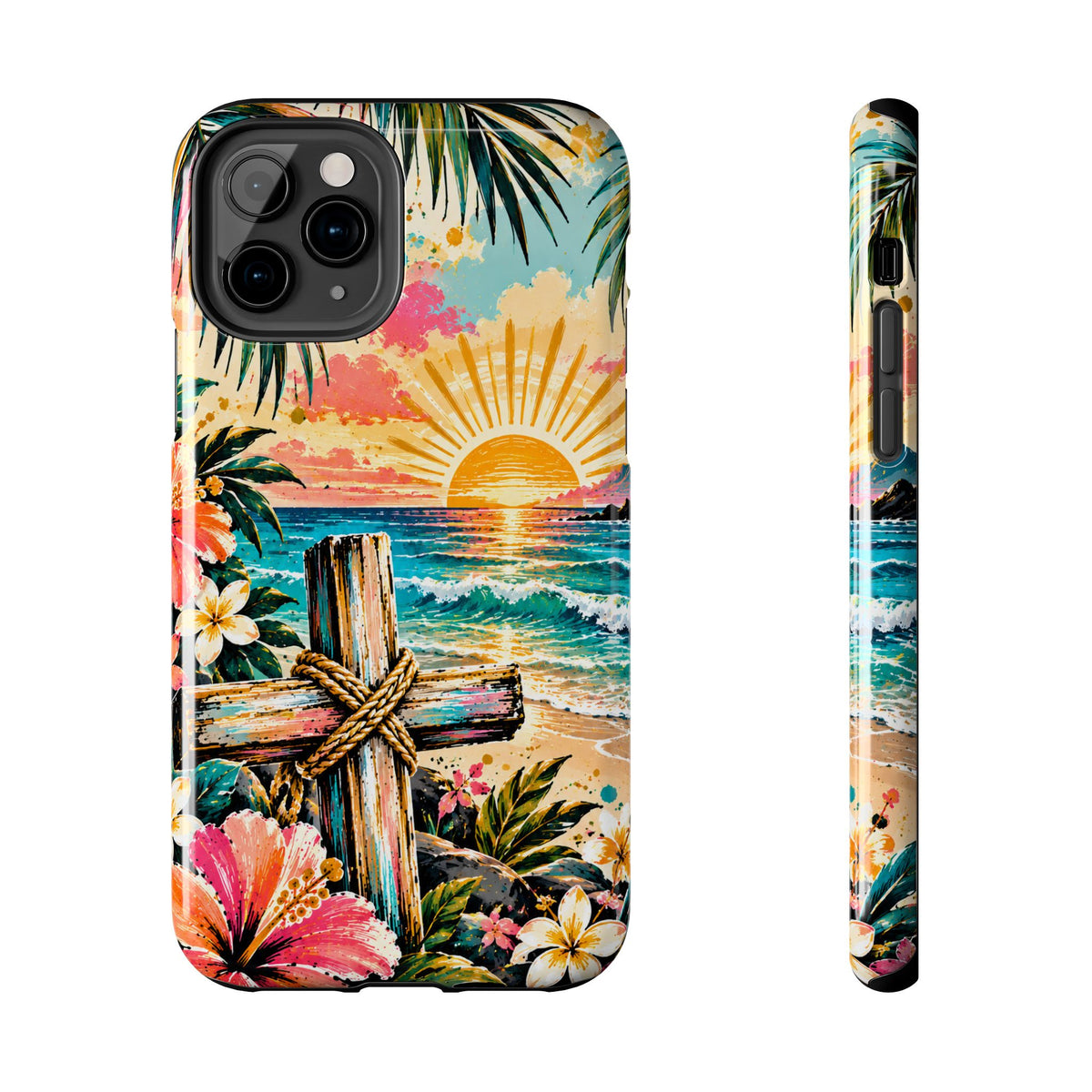 Tropical Cross Christian Phone Case | Beach Sunset & Floral Faith-Inspired Protective Case