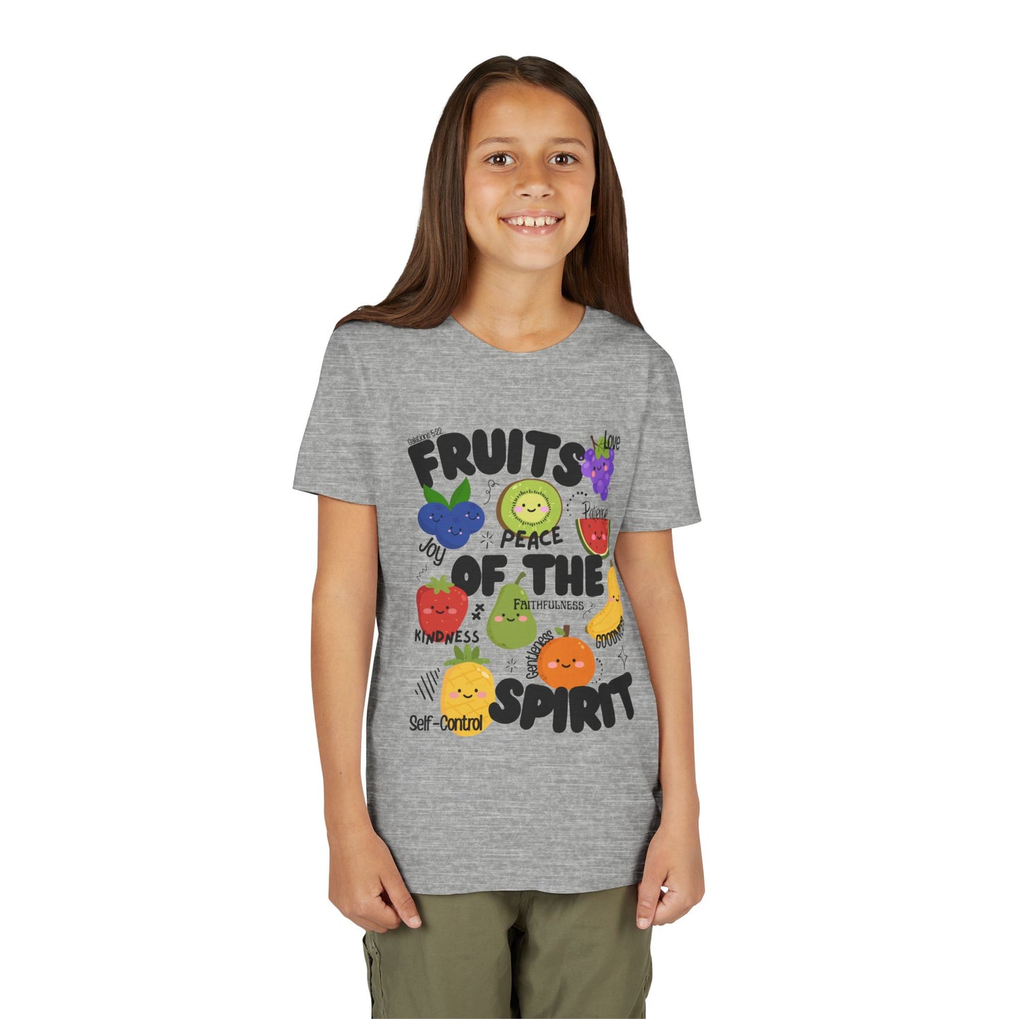 'Fruits of the Spirit' Kids Christian T-Shirt, Youth Bible Verse T-Shirt (Peace, Joy, Kindness)