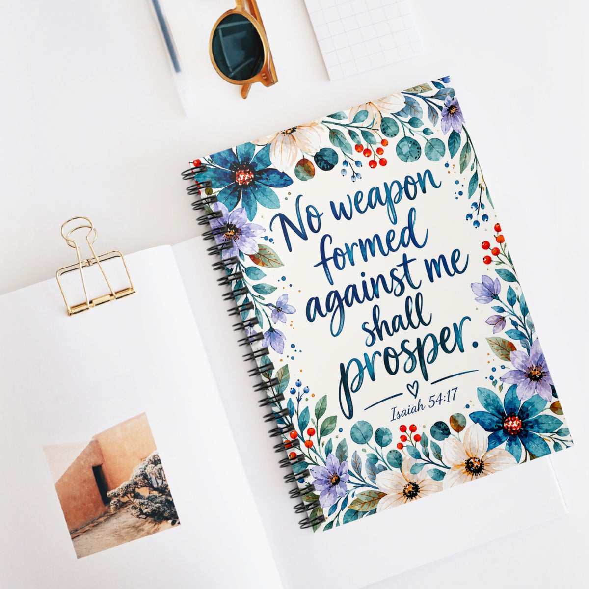 No Weapon Formed Against Me Shall Prosper Spiral Notebook | Isaiah 54:17 Christian Journal | Floral Bible Verse Notebook
