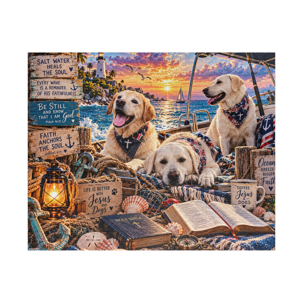 Christian Labrador Retriever jigsaw puzzle featuring three dogs on a boat at sunset with Bible verses, lighthouse, and coastal artwork