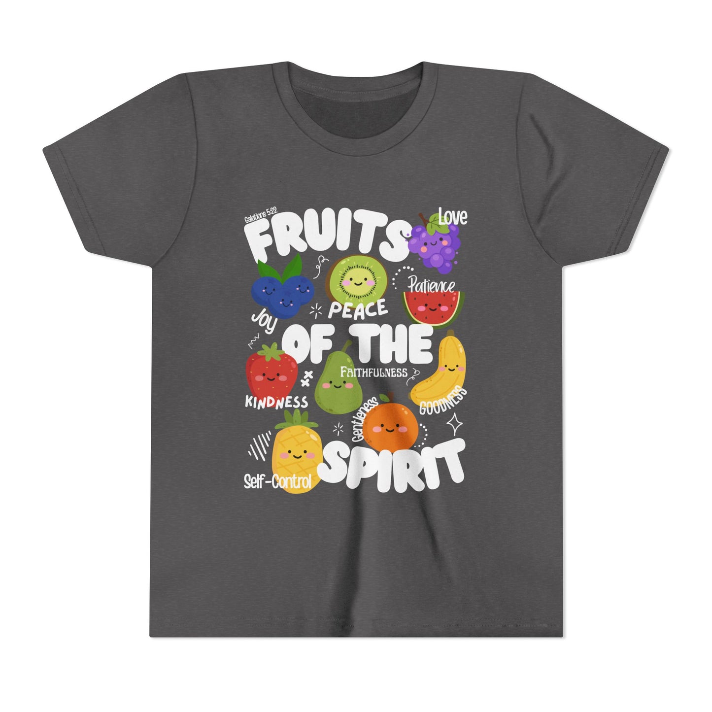 'Fruits of the Spirit' Kids Christian T-Shirt, Youth Bible Verse T-Shirt (Peace, Joy, Kindness)