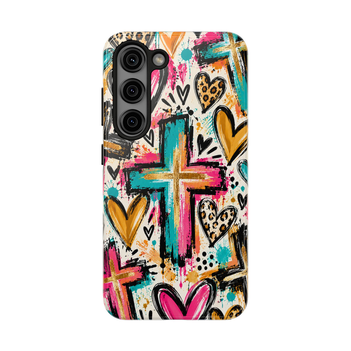 Jesus Cross & Hearts Christian Phone Case | Colorful Faith-Inspired Protective Case for iPhone & Samsung Galaxy