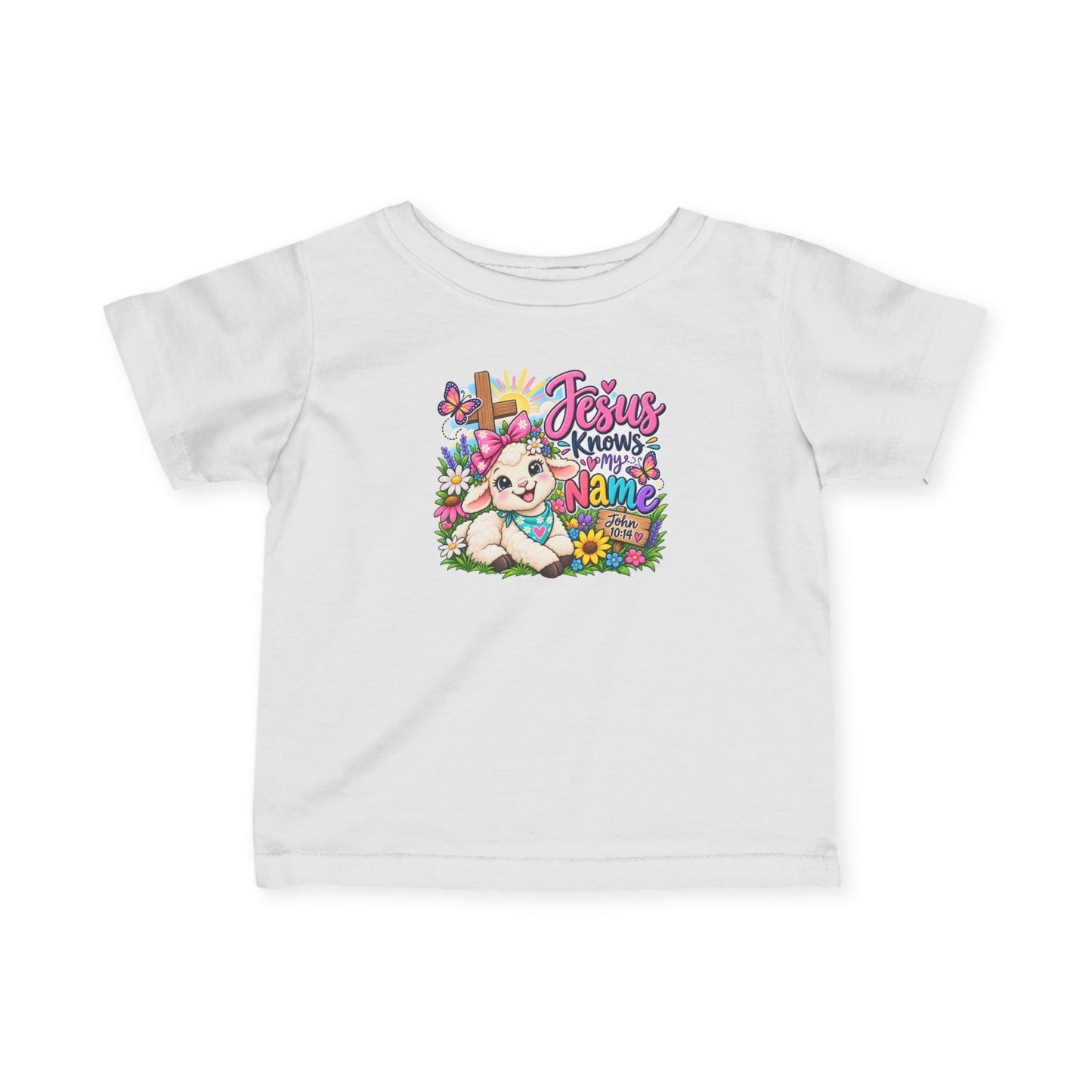 Jesus Knows My Name Infant Christian T-Shirt – John 10:14 Bible Verse Baby Girl Tee with Lamb