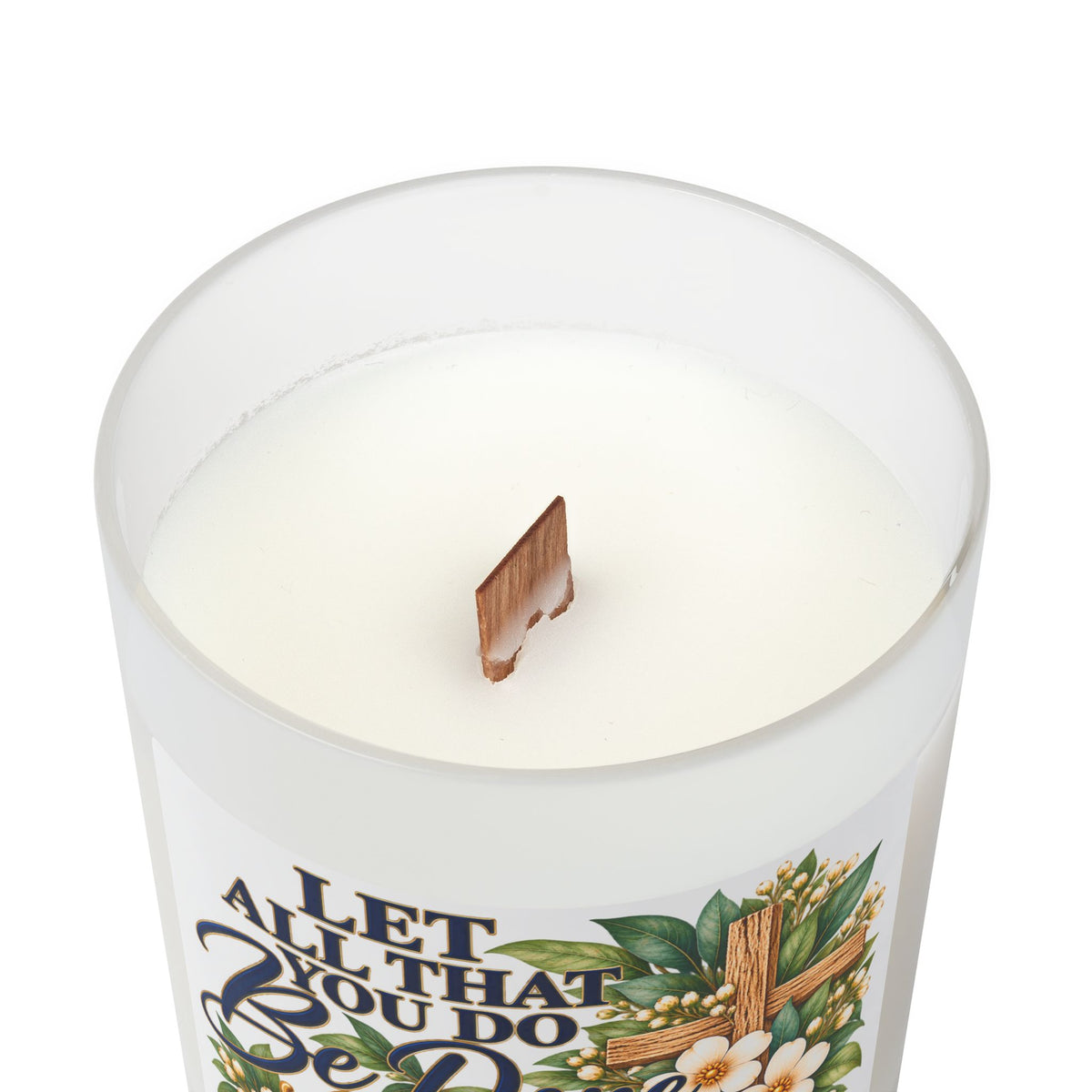 Christian Scented Candle — "Let All That You Do Be Done in Love" 1 Corinthians 16:14, Frosted Glass, 11 oz