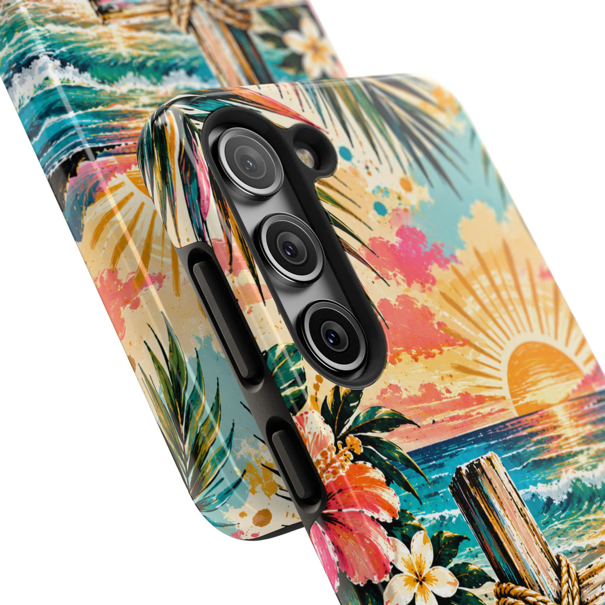 Tropical Cross Christian Phone Case | Beach Sunset & Floral Faith-Inspired Protective Case