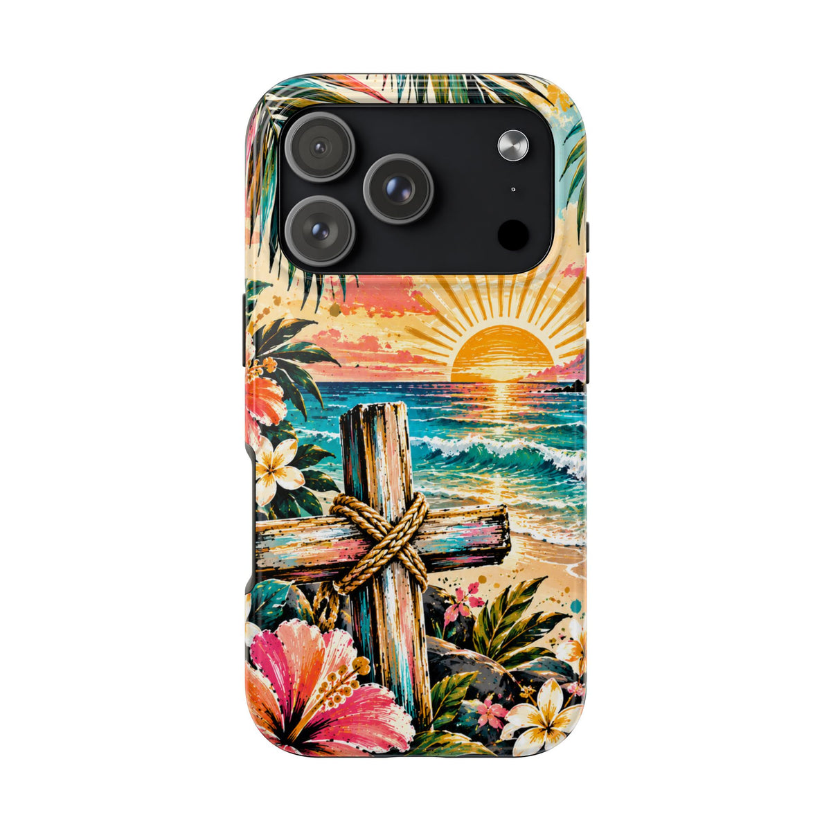 Tropical Cross Christian Phone Case | Beach Sunset & Floral Faith-Inspired Protective Case