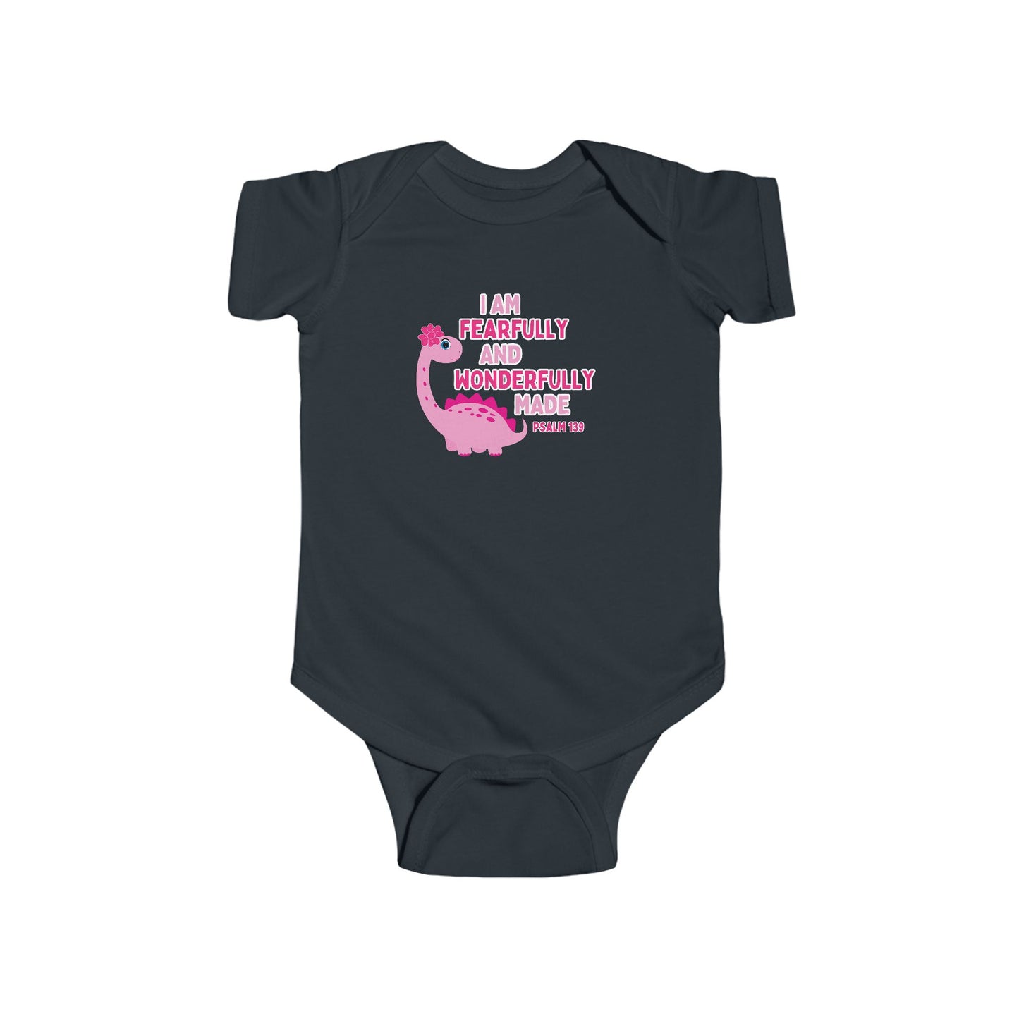 Fearfully and Wonderfully Made Dinosaur Baby Girl Bodysuit | Psalm 139:14 Christian Infant Onesie | Cute Dino Baby Outfit