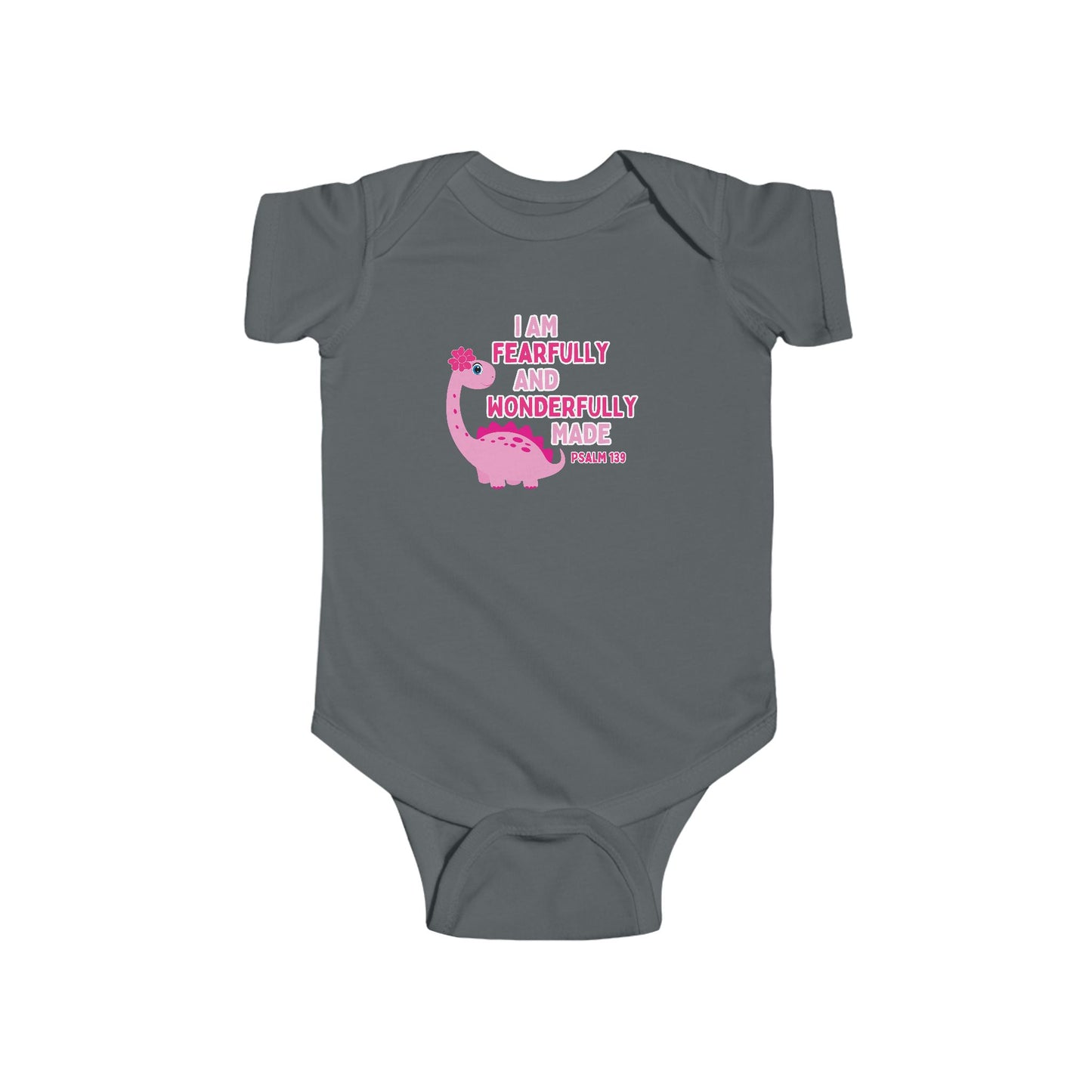 Fearfully and Wonderfully Made Dinosaur Baby Girl Bodysuit | Psalm 139:14 Christian Infant Onesie | Cute Dino Baby Outfit