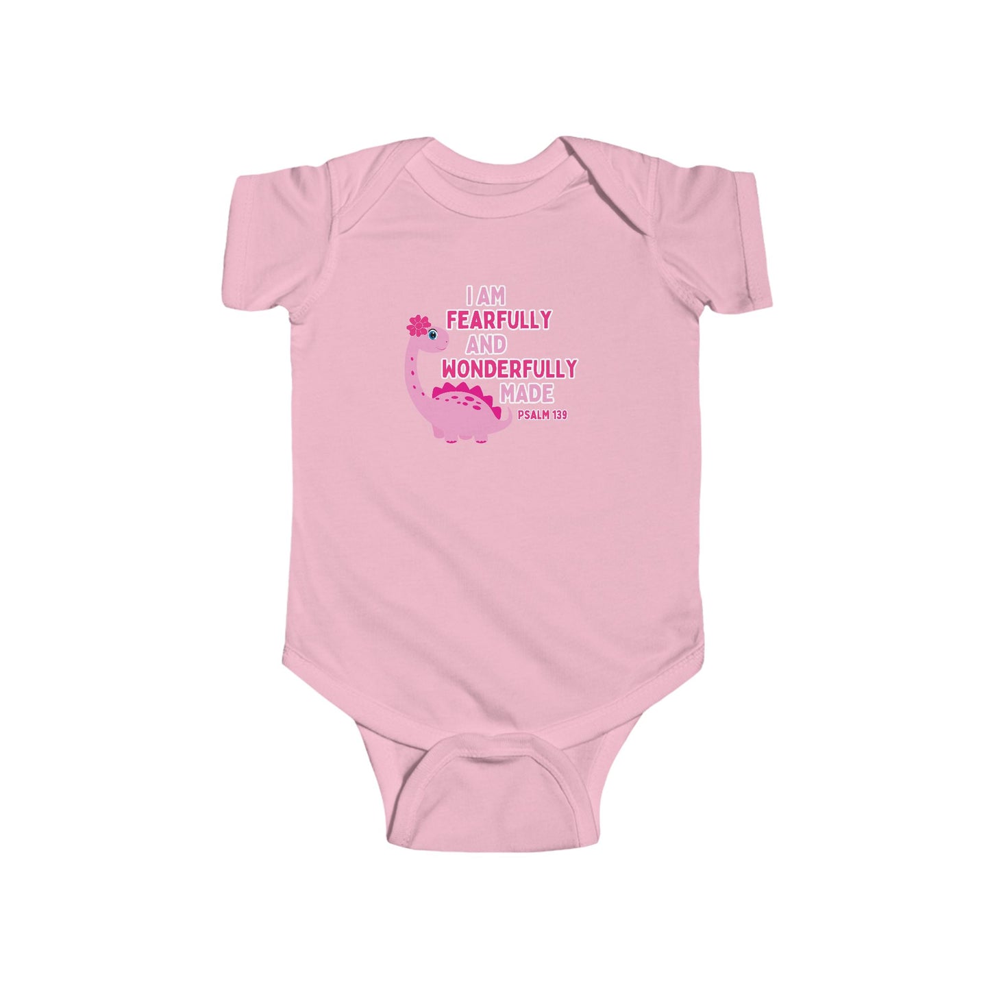 Fearfully and Wonderfully Made Dinosaur Baby Girl Bodysuit | Psalm 139:14 Christian Infant Onesie | Cute Dino Baby Outfit