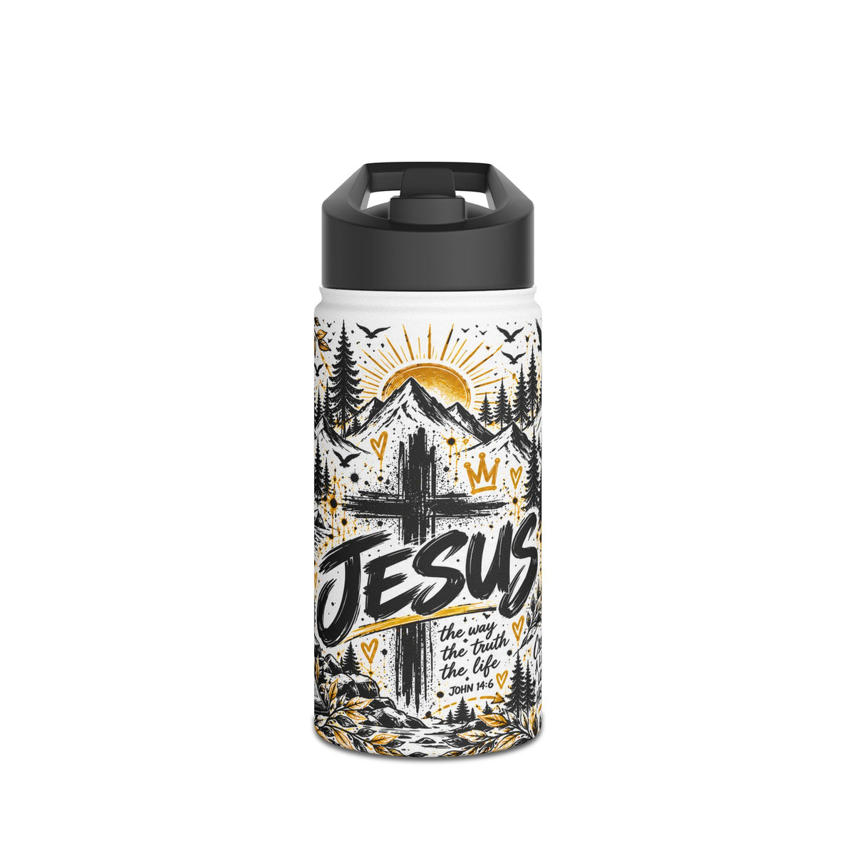Jesus Christian insulated stainless steel water bottle with bold black, white and gold graffiti artwork, cross, mountains, pine trees and John 14:6 Scripture design.