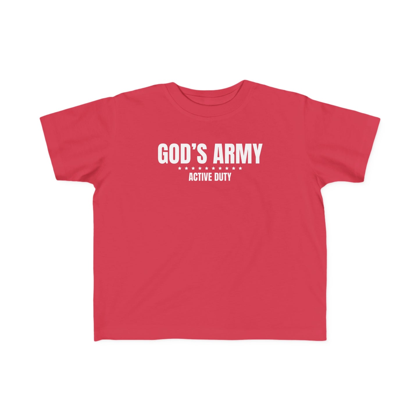 Called to Serve in God's Army. This is a beautiful faith based t-shirt for your children or as a gift for a child of God in your life. Across the chest reads, 'God's Army, Active Duty'.  Make sure to grab one for yourself by checking out the Adult versions of the beautiful Christian Tee, also available on my shop! Cataldo Creations Christian Toddler Tee