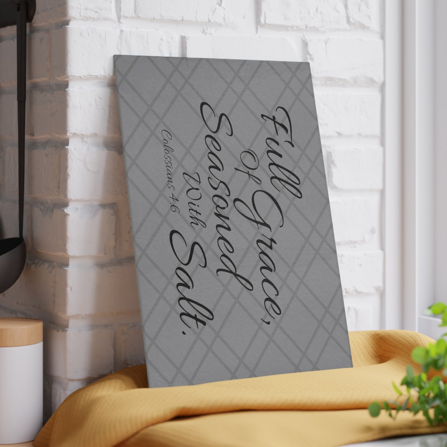 Gray Bible Verse Glass Cutting Board. Full Of Grace, Seasoned With Salt. Christian home decor. Christian kitchenware.