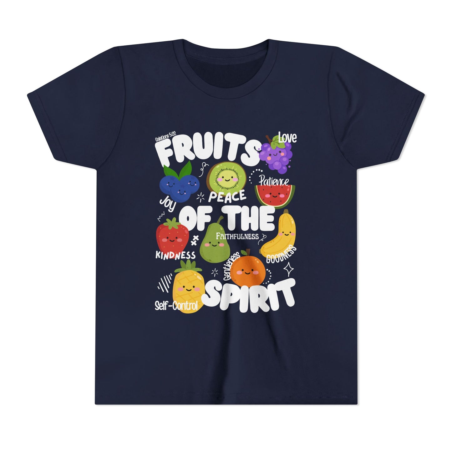 'Fruits of the Spirit' Kids Christian T-Shirt, Youth Bible Verse T-Shirt (Peace, Joy, Kindness)