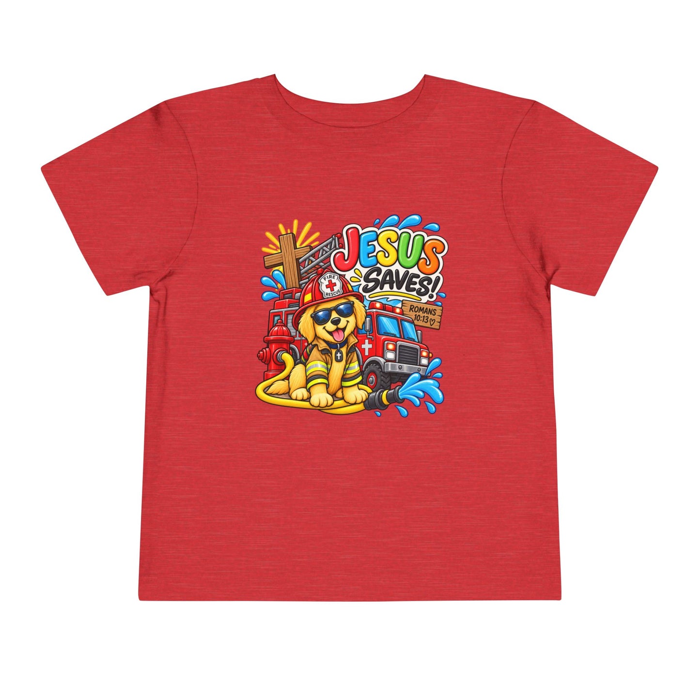 Jesus Saves Firefighter Puppy Toddler T-Shirt | Christian Bible Verse Tee for Boys & Girls | Romans 10:13 Faith Shirt