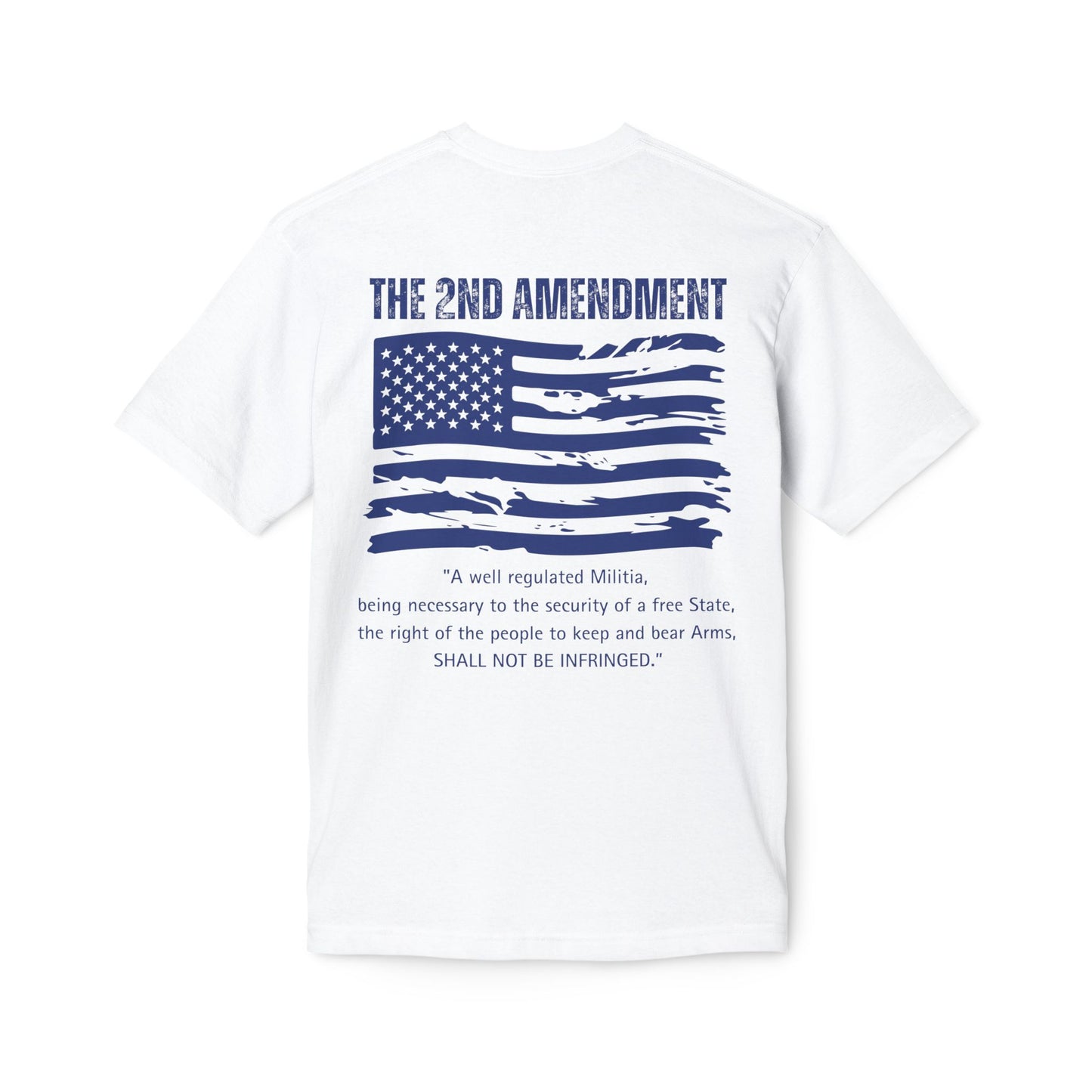 White t-shirt with blue American flag and text on a white background