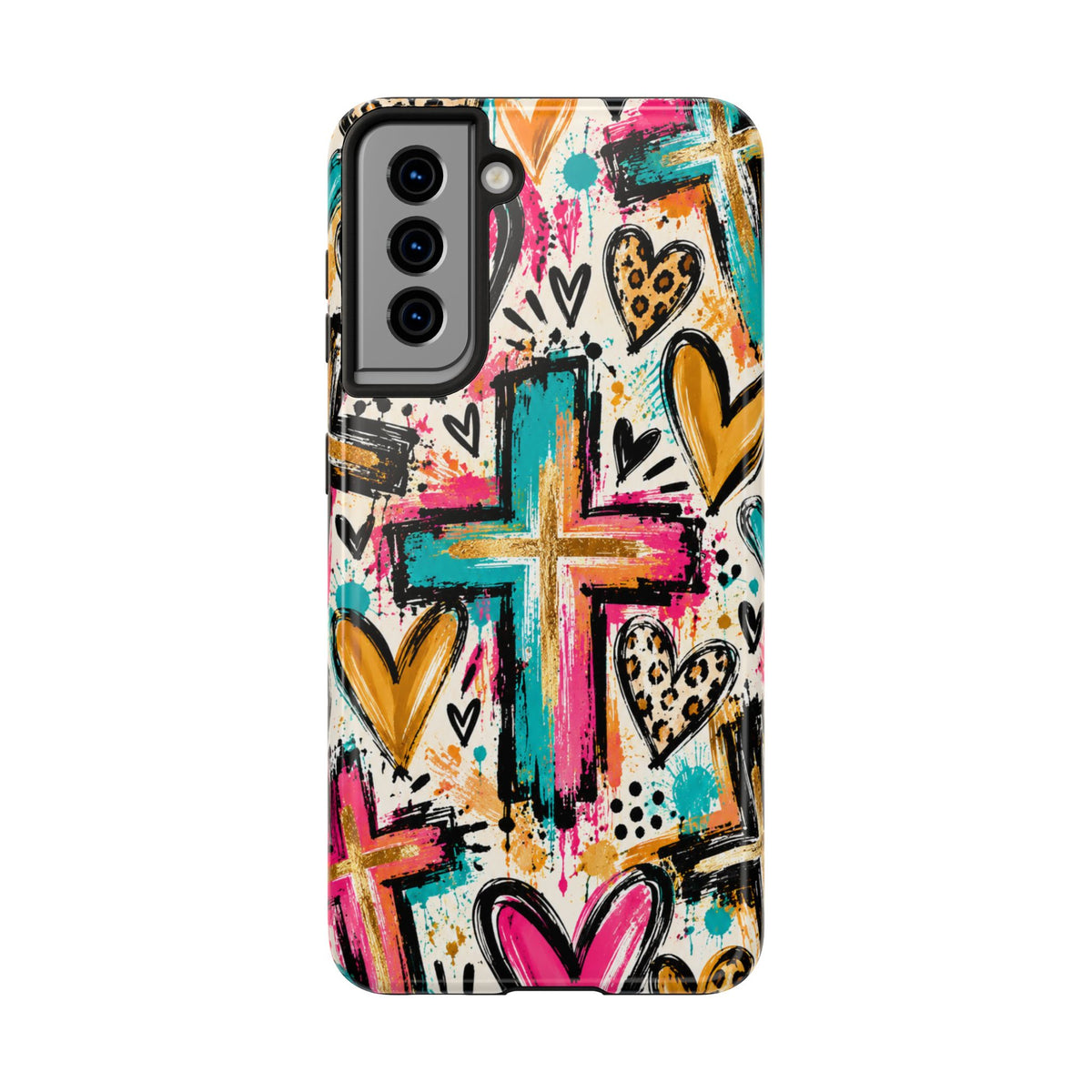 Jesus Cross & Hearts Christian Phone Case | Colorful Faith-Inspired Protective Case for iPhone & Samsung Galaxy