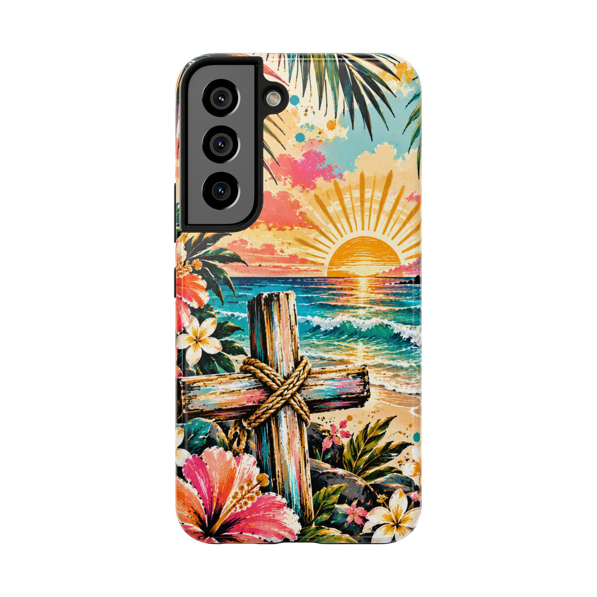 Tropical Cross Christian Phone Case | Beach Sunset & Floral Faith-Inspired Protective Case