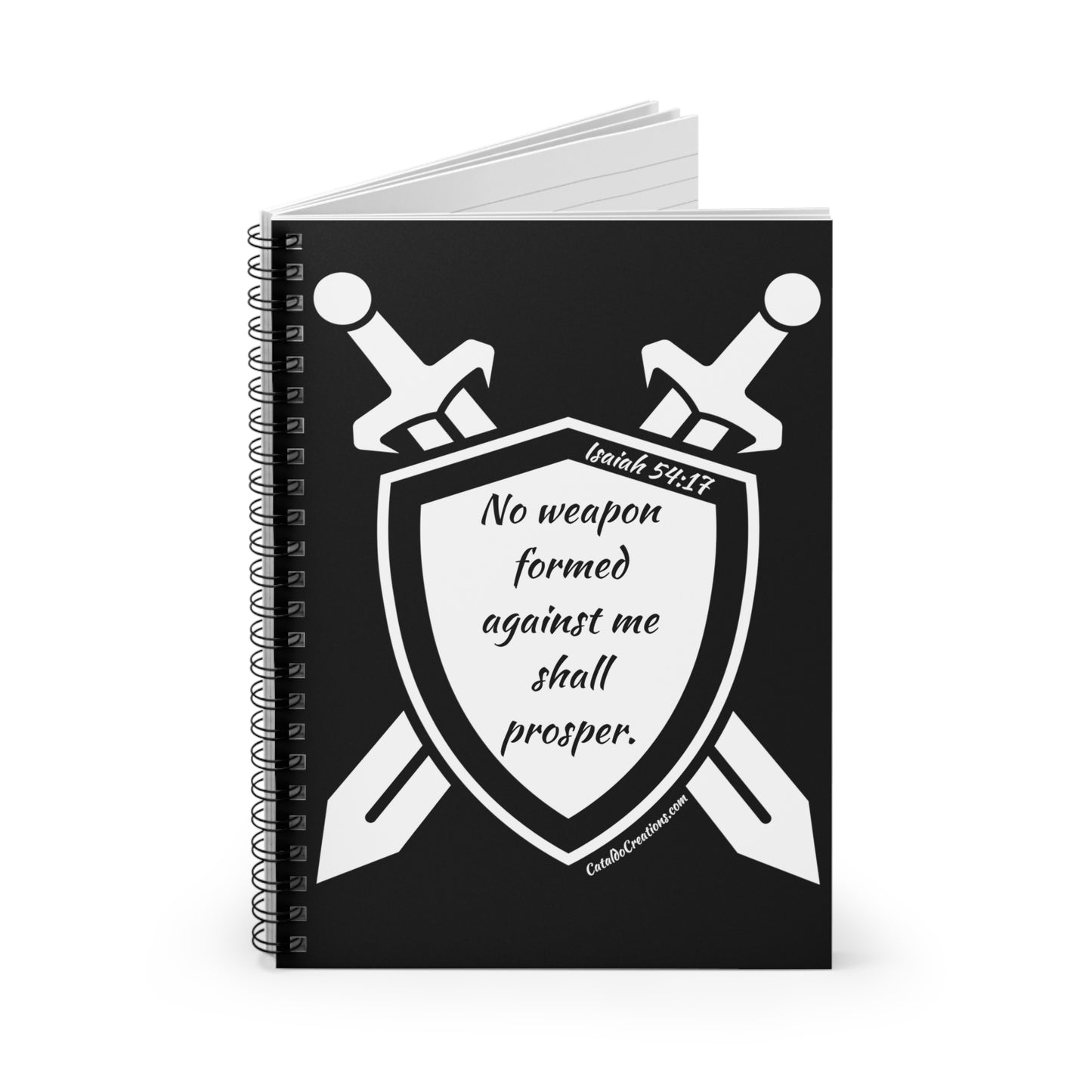 This notebook is a a bold reminder of God's word in Isaiah 54:17., that 'No weapon formed against you shall prosper.'   Great for bible study, journaling, shopping lists, school notes, prayers or poems - this bible verse spiral notebook with ruled line paper is a perfect companion in everyday life. The durable printed cover makes the owner proud to carry it everywhere.