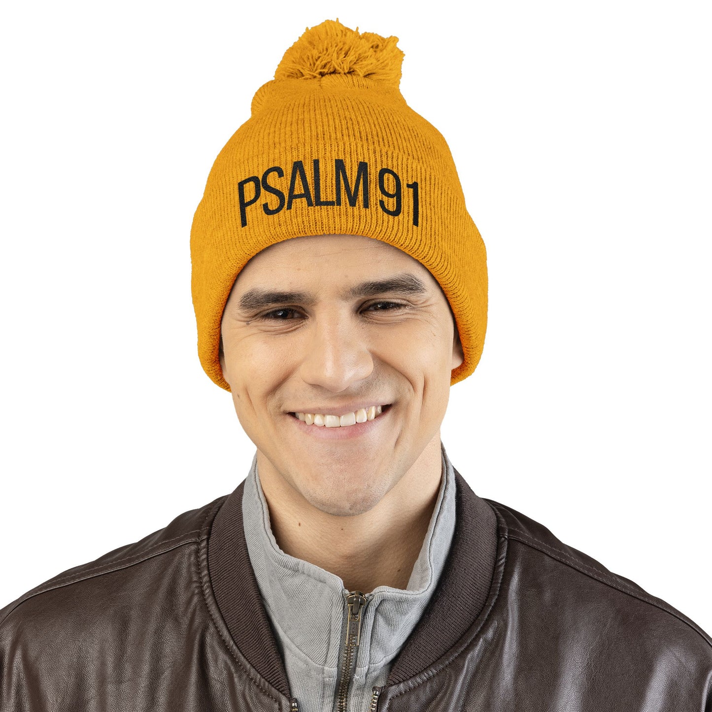Psalm 91 Pom-Pom Knit Cap — Embroidered Winter Beanie for Faith & Comfort