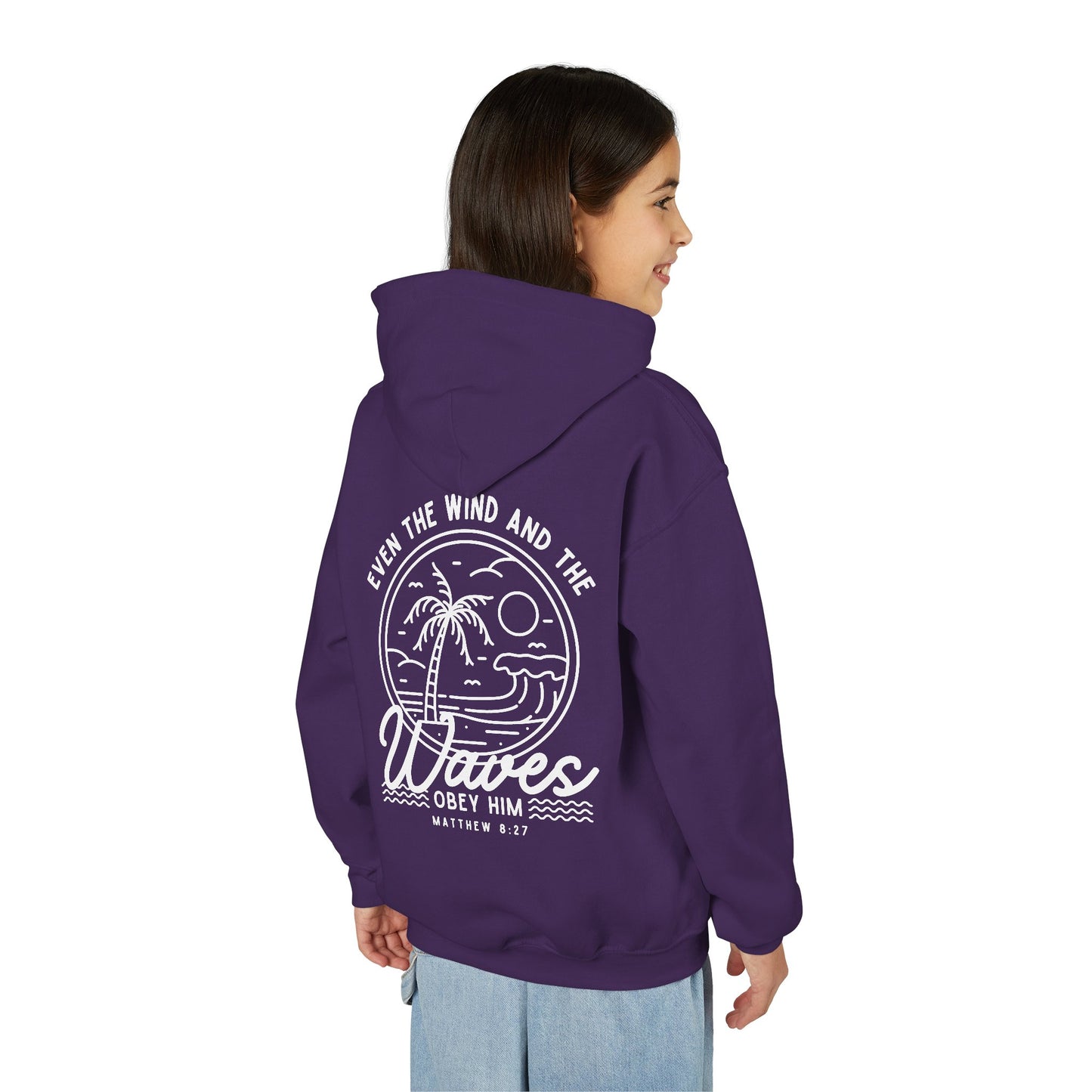 Youth 'Even The Wind And The Waves Obey Him' Bible Verse Hoodie, Beach Vibes Kids Hooded Sweatshirt, Faith-Inspired Teen Hoodie