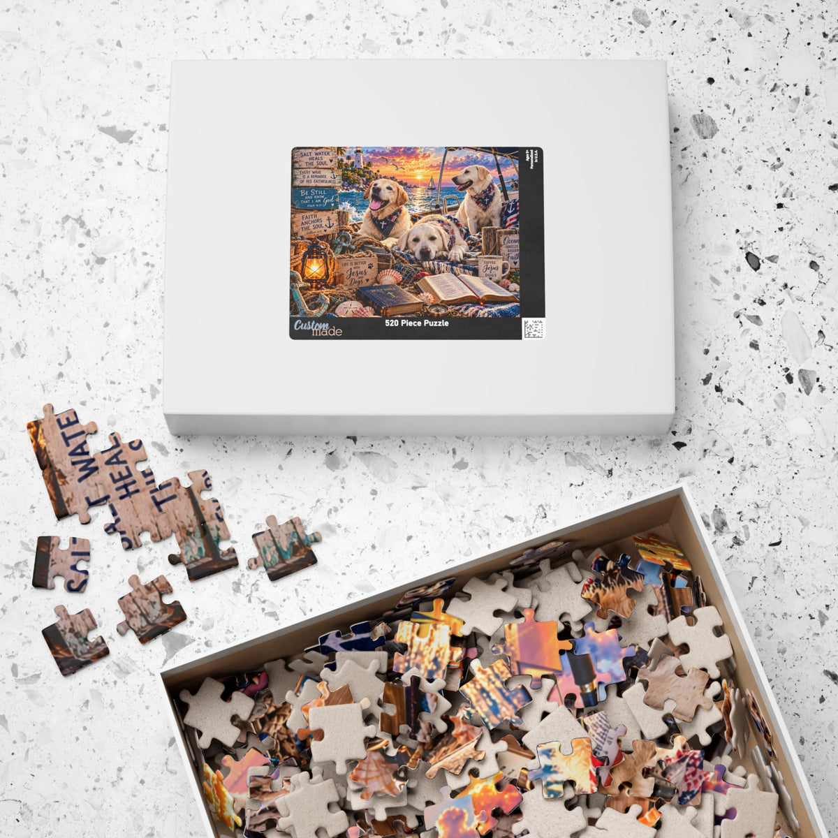 Christian Labrador Retriever jigsaw puzzle featuring three dogs on a boat at sunset with Bible verses, lighthouse, and coastal artwork