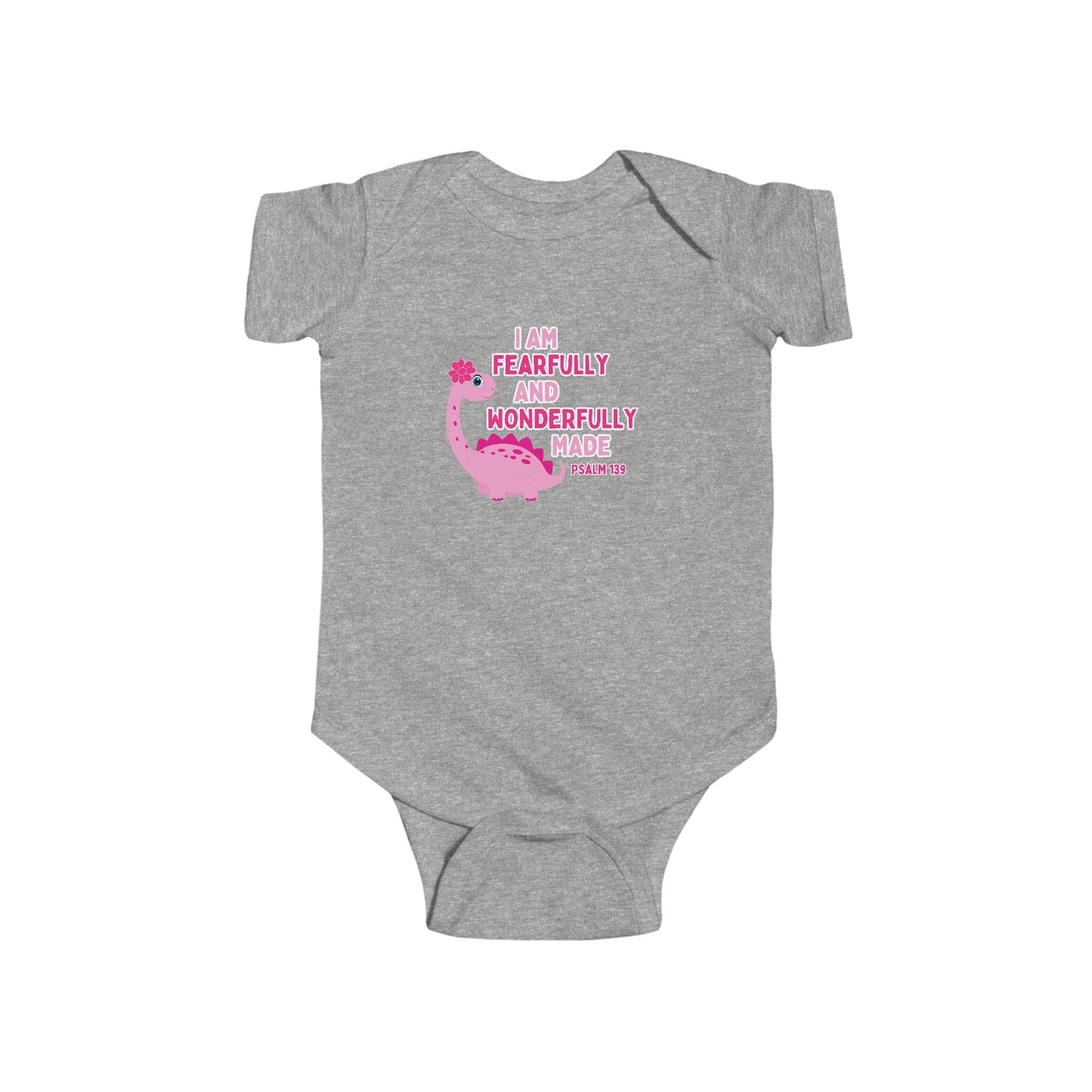 Fearfully and Wonderfully Made Dinosaur Baby Girl Bodysuit | Psalm 139:14 Christian Infant Onesie | Cute Dino Baby Outfit