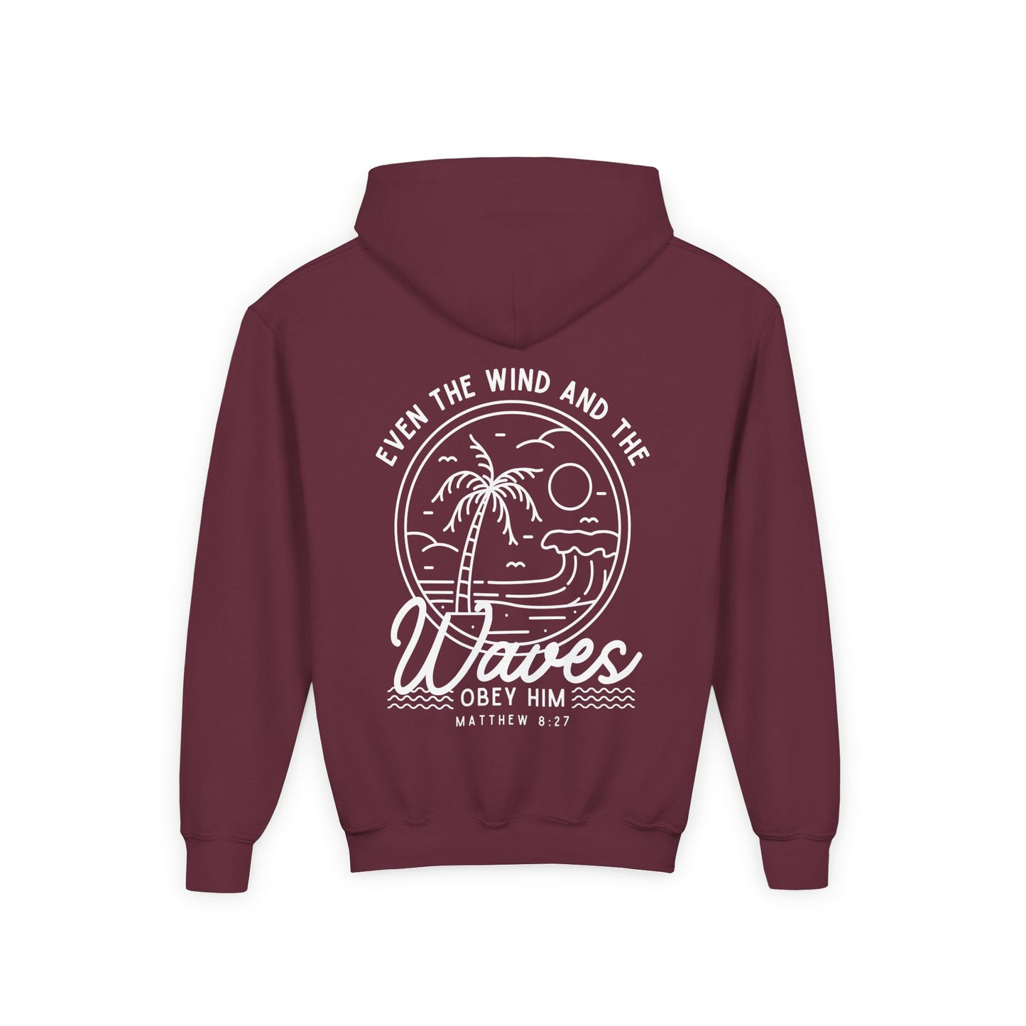Youth 'Even The Wind And The Waves Obey Him' Bible Verse Hoodie, Beach Vibes Kids Hooded Sweatshirt, Faith-Inspired Teen Hoodie