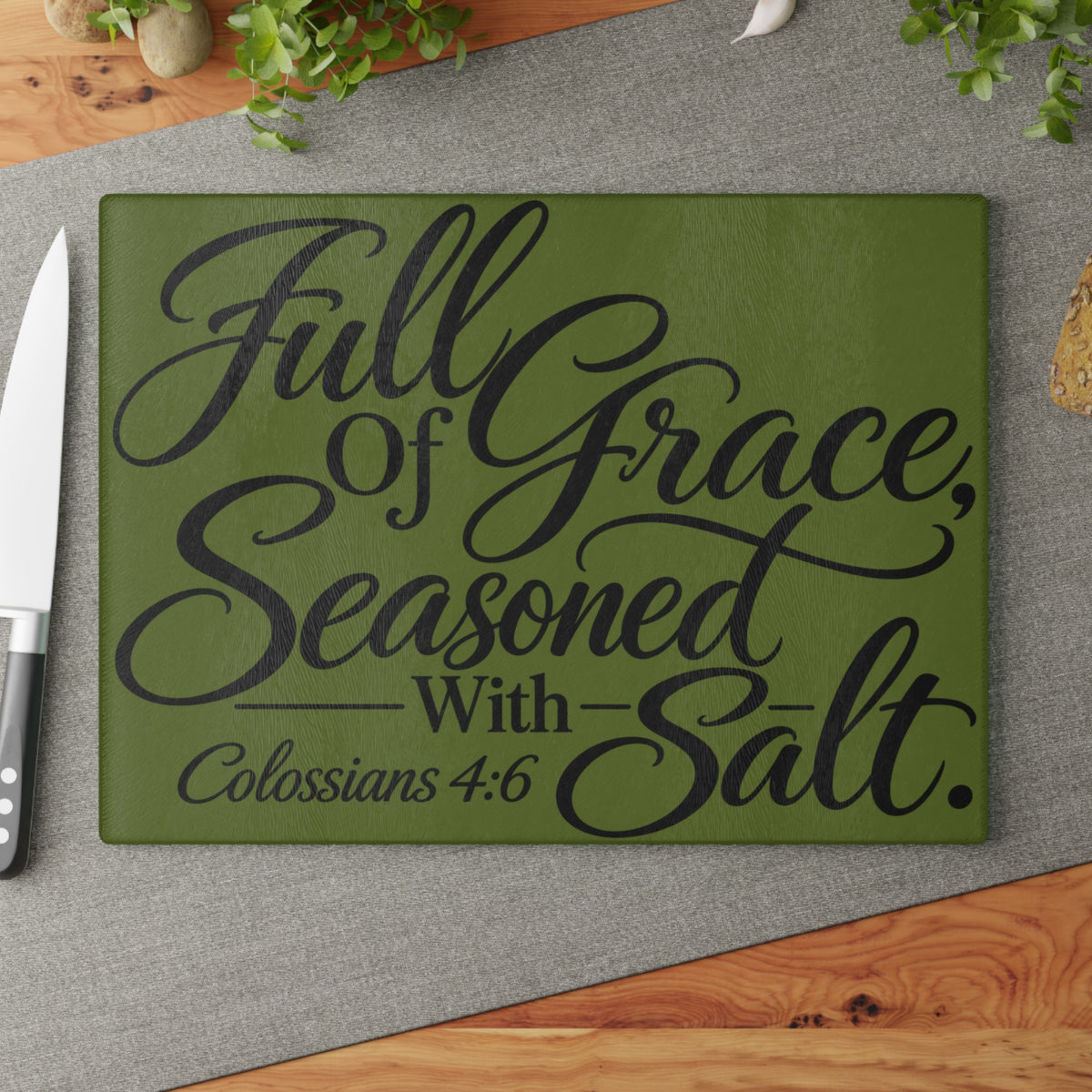 Full of Grace, Seasoned with Salt Glass Cutting Board | Olive Green Christian Kitchen Decor | Colossians 4:6