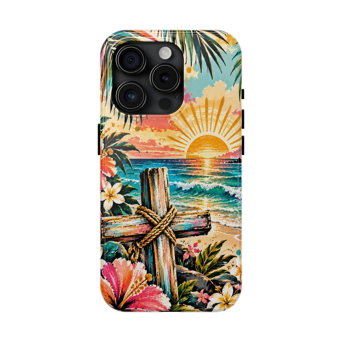 Tropical Cross Christian Phone Case | Beach Sunset & Floral Faith-Inspired Protective Case