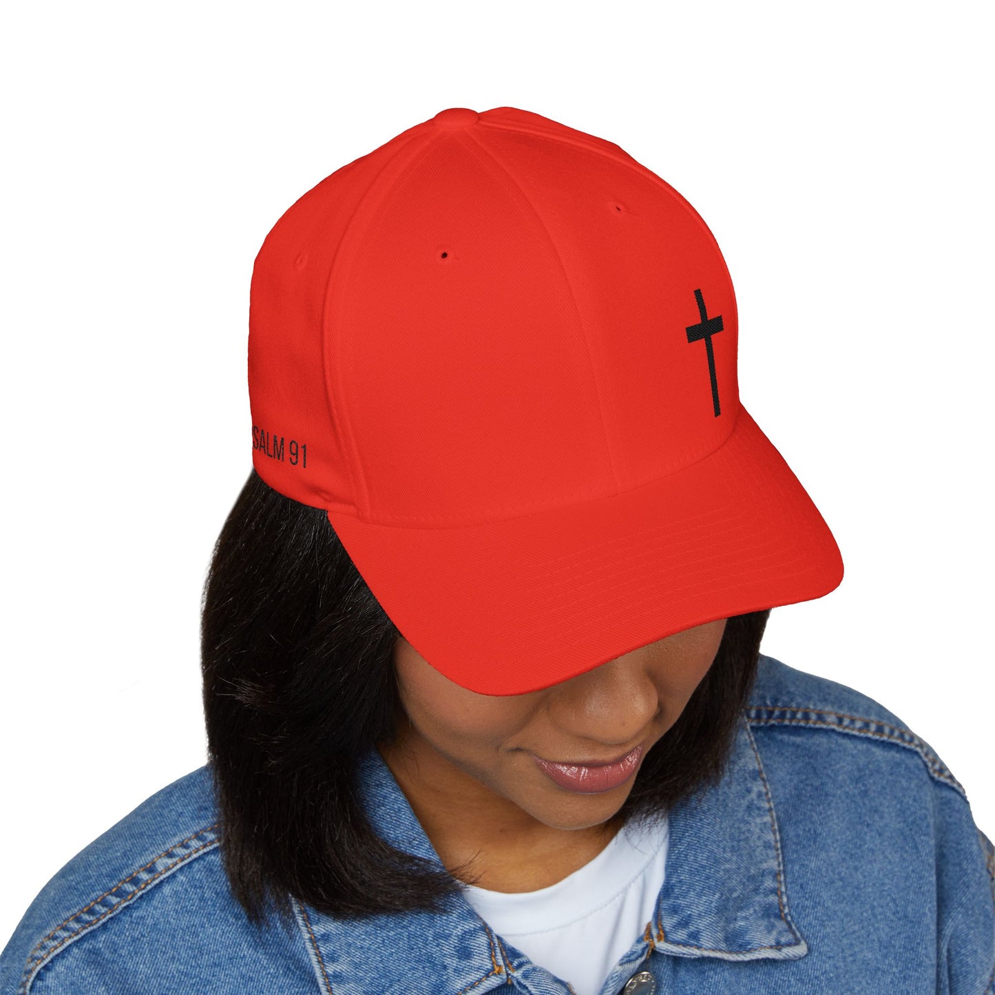 Embroidered Psalm 91 Hat - Flex-fit Closed-Back Hat with Cross Design