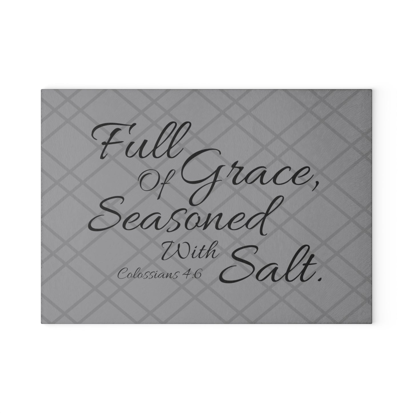 Gray Bible Verse Glass Cutting Board. Full Of Grace, Seasoned With Salt. Christian home decor. Christian kitchenware.