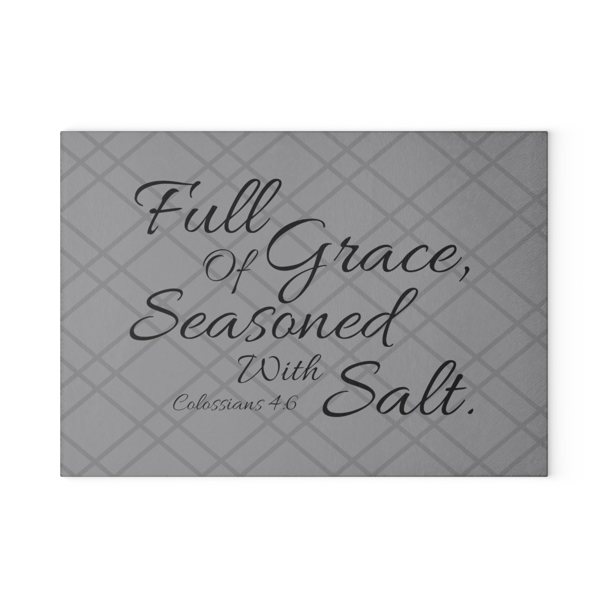 Gray Bible Verse Glass Cutting Board. Full Of Grace, Seasoned With Salt. Christian home decor. Christian kitchenware.