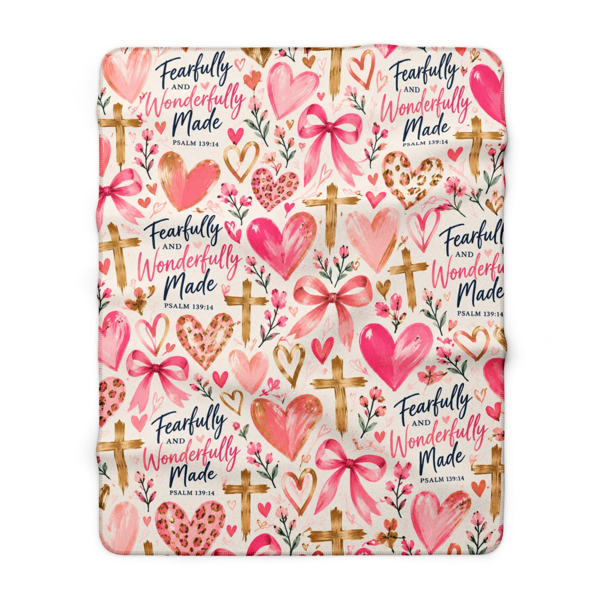 Fearfully and Wonderfully Made Christian sherpa blanket featuring Psalm 139:14, pink hearts, bows, gold crosses, and floral accents on a cream background.