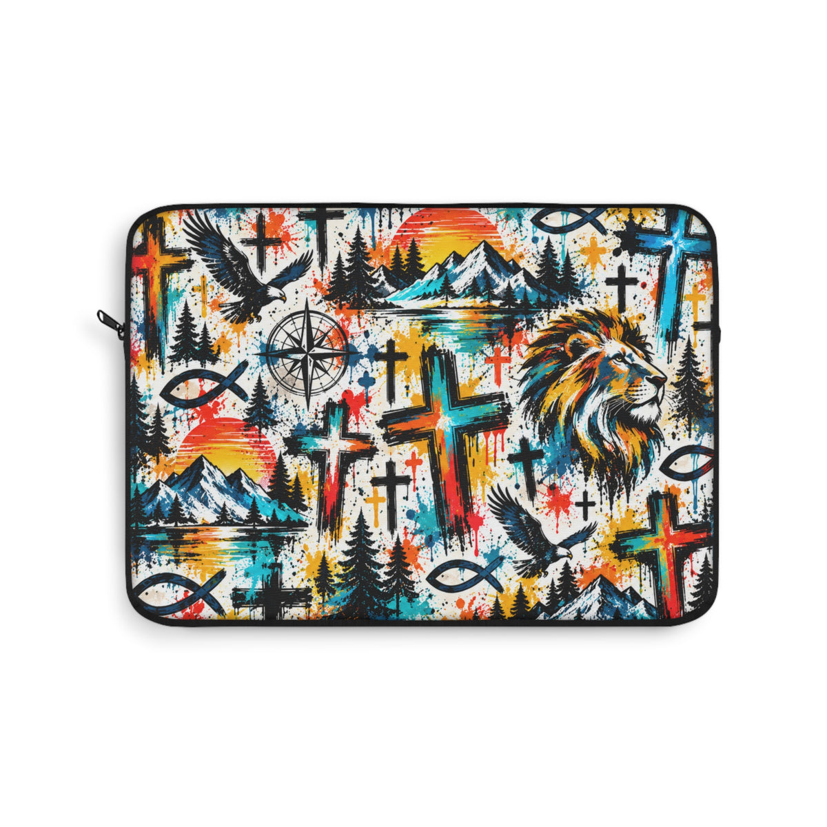 Colorful Christian graffiti laptop sleeve featuring a lion, crosses, eagles, mountains, and Christian fish symbols in vibrant blue, orange, yellow, and black.