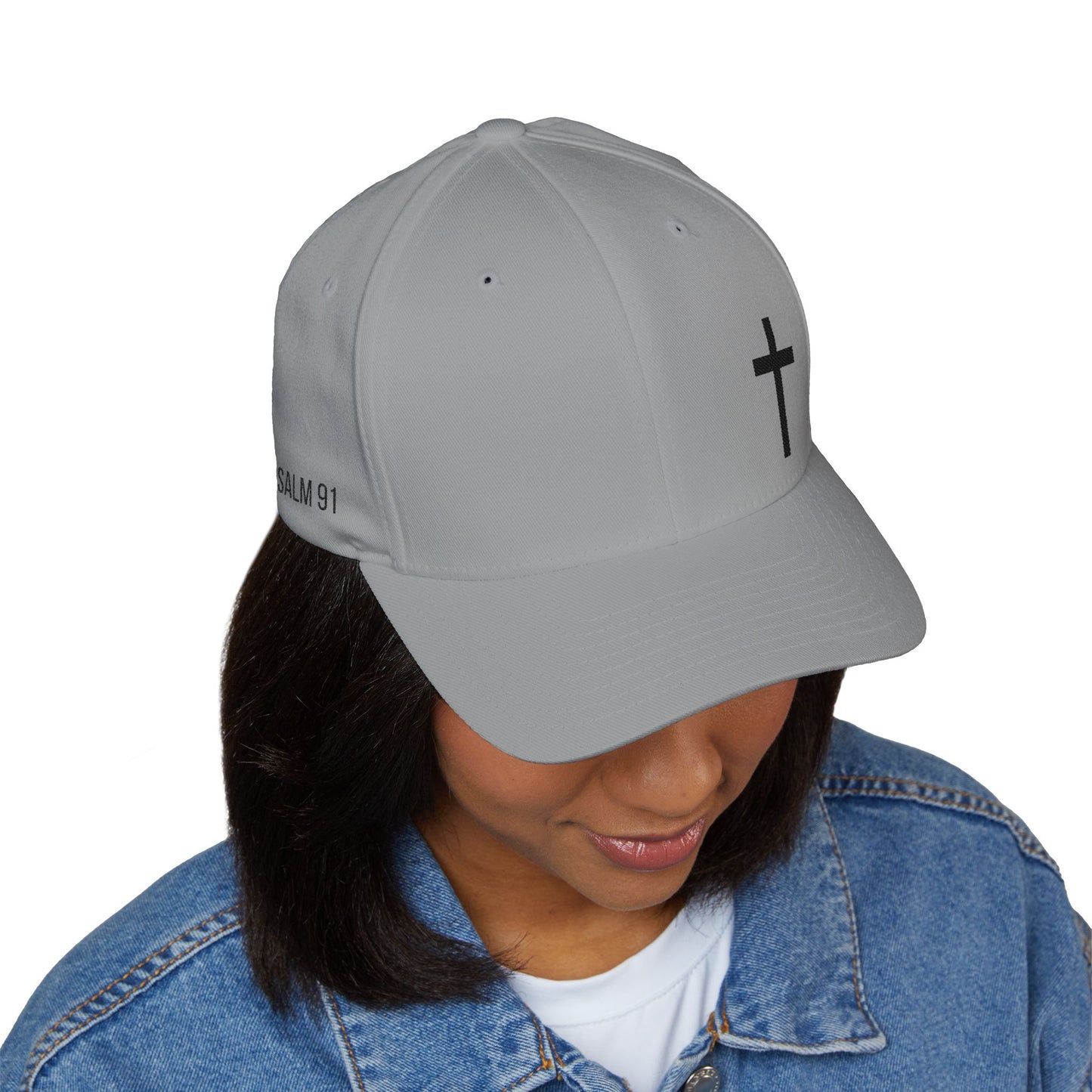 Embroidered Psalm 91 Hat - Flex-fit Closed-Back Hat with Cross Design