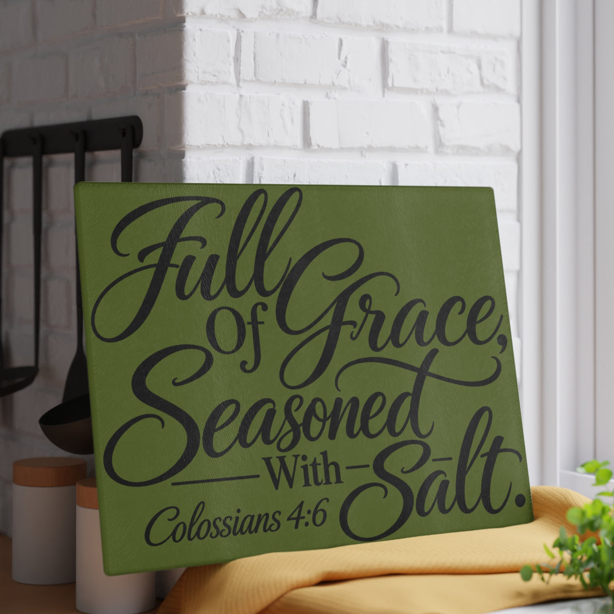 Full of Grace, Seasoned with Salt Glass Cutting Board | Olive Green Christian Kitchen Decor | Colossians 4:6