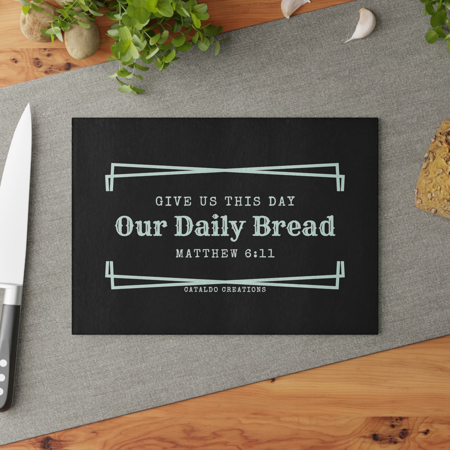 Give Us This Day Our Daily Bread. Matthew 6:11 bible verse glass kitchen cutting board. Perfect for the Christian home and Christian kitchen!