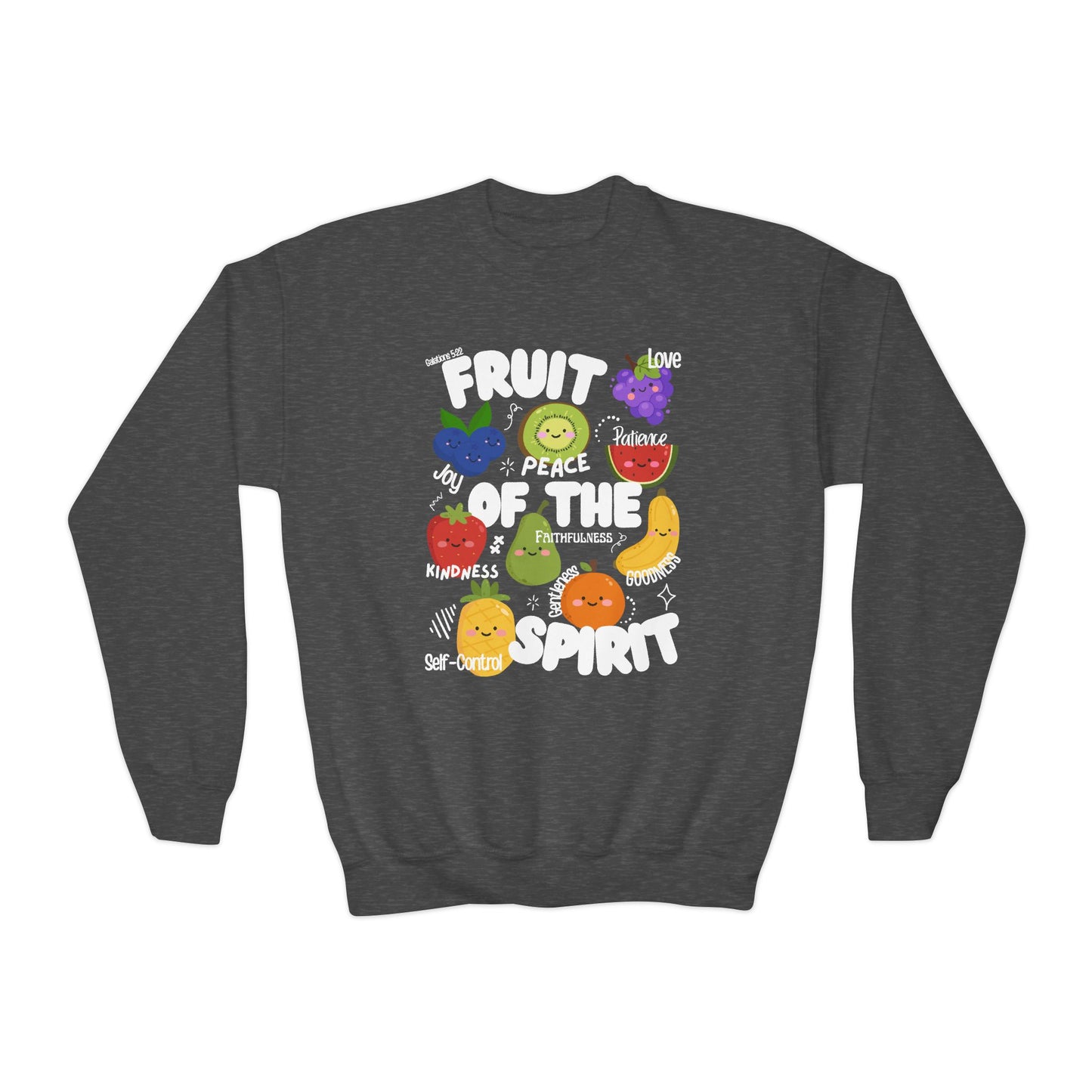 Kids Fruit of the Spirit Christian Crewneck Sweatshirt | Galatians 5:22–23 Youth Bible Verse Sweatshirt